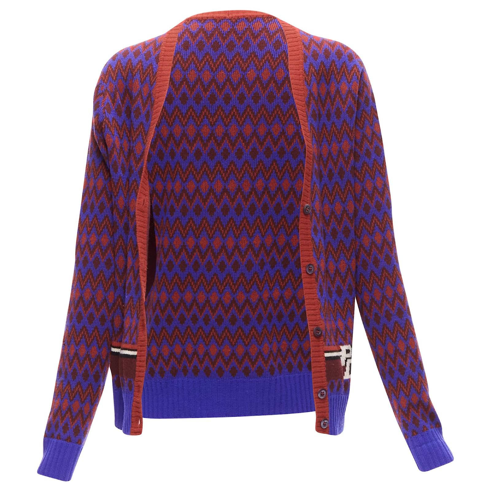 Prada wool cashmere racing logo chevron intarsia cardigan
