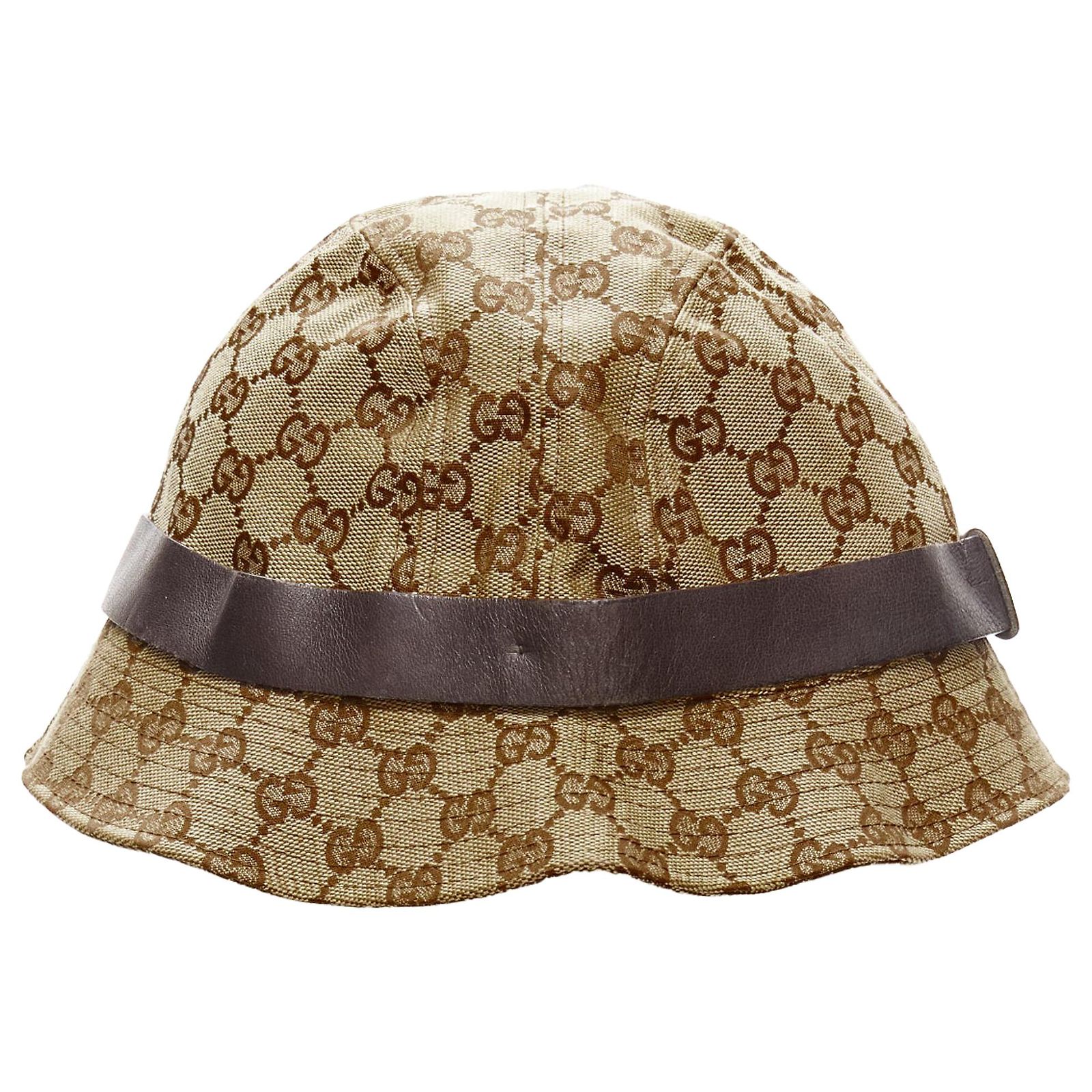 Gucci Beige GG Monogram Bucket Hat with Brown Leather Trim GUCCI BURGUNDY GG MONOGRAM CANVAS BUCKET HAT Sz M  main image 4