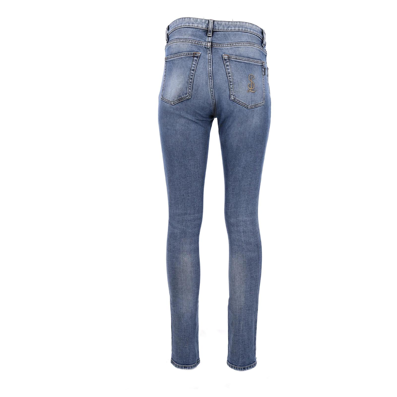Saint Laurent Logo-Embroidered Slim Fit Jeans in Blue Cotton Denim