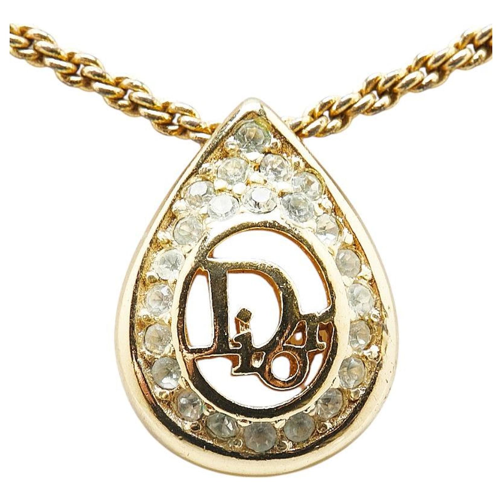 Christian Dior Dior Logo Rhinestone Necklace Gold Plated Golden ...