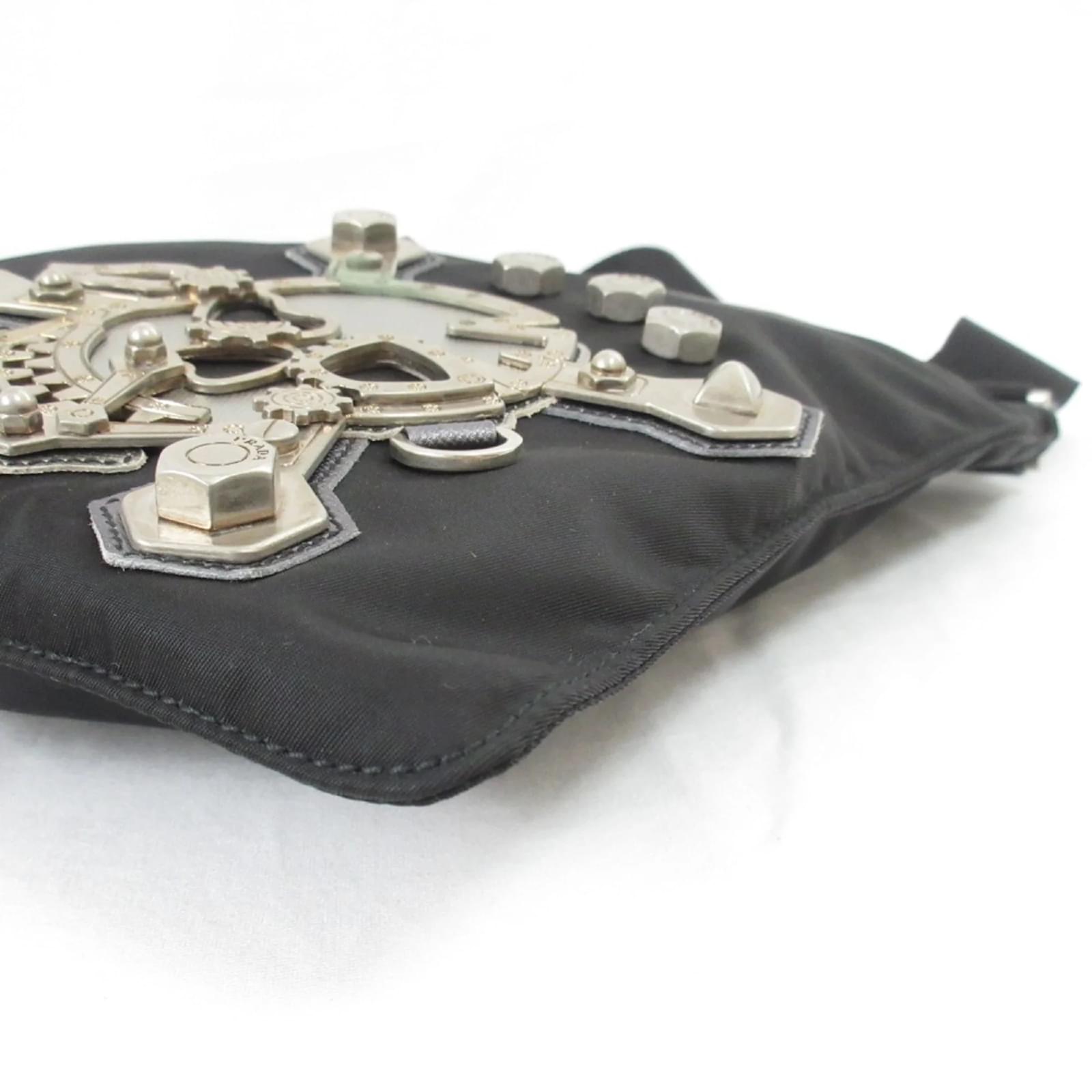 Prada Triangle Logo Plate Skull Motif Nylon Shoulder Bag