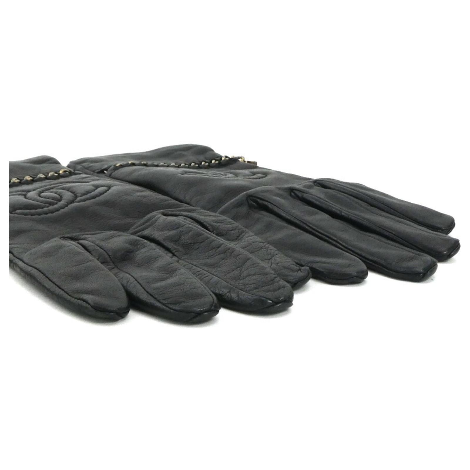 Chanel Coco Mark Leather and Metal Gloves Black Golden
