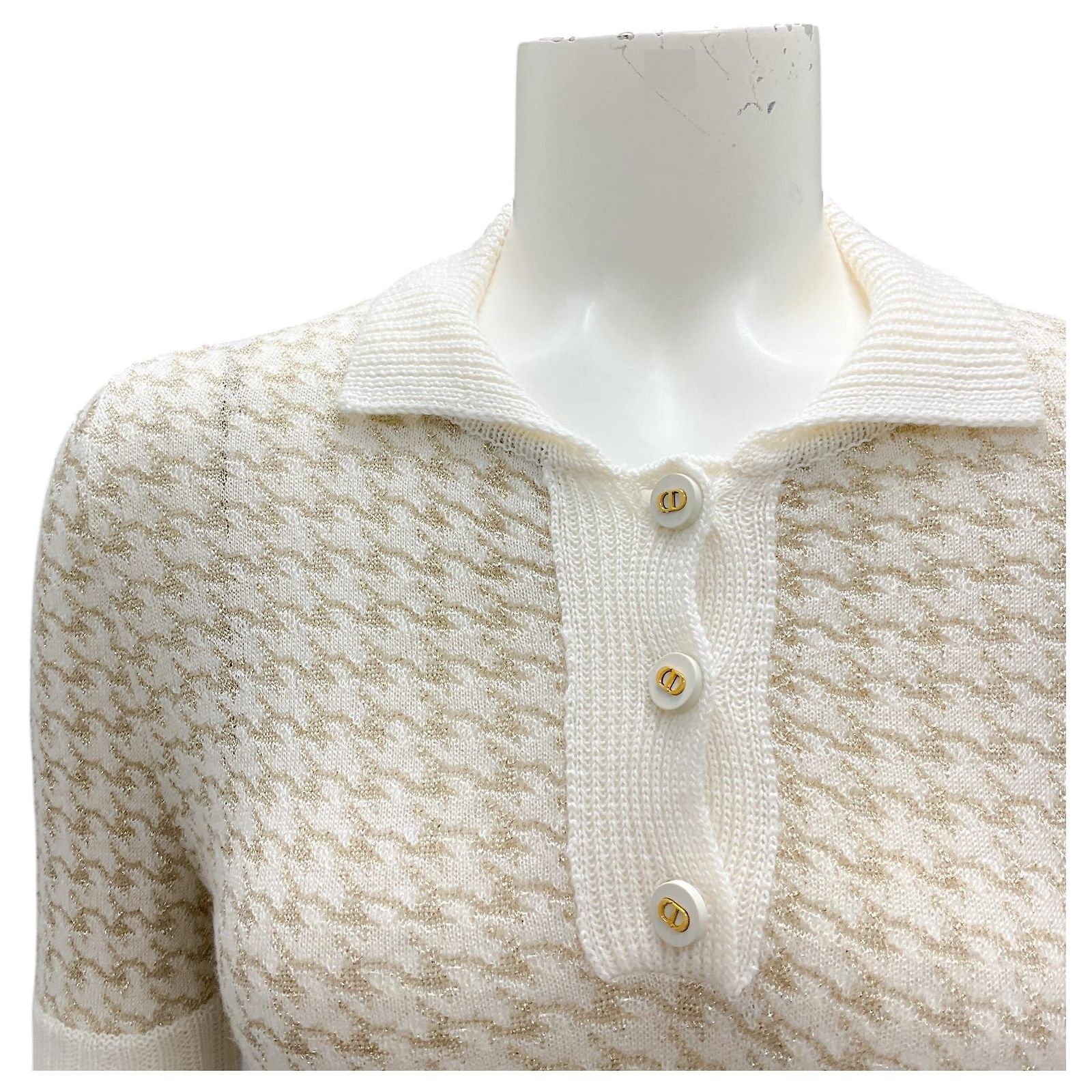 Christian Dior Ivory / Gold Metallic Short Sleeved Cashmere Knit 