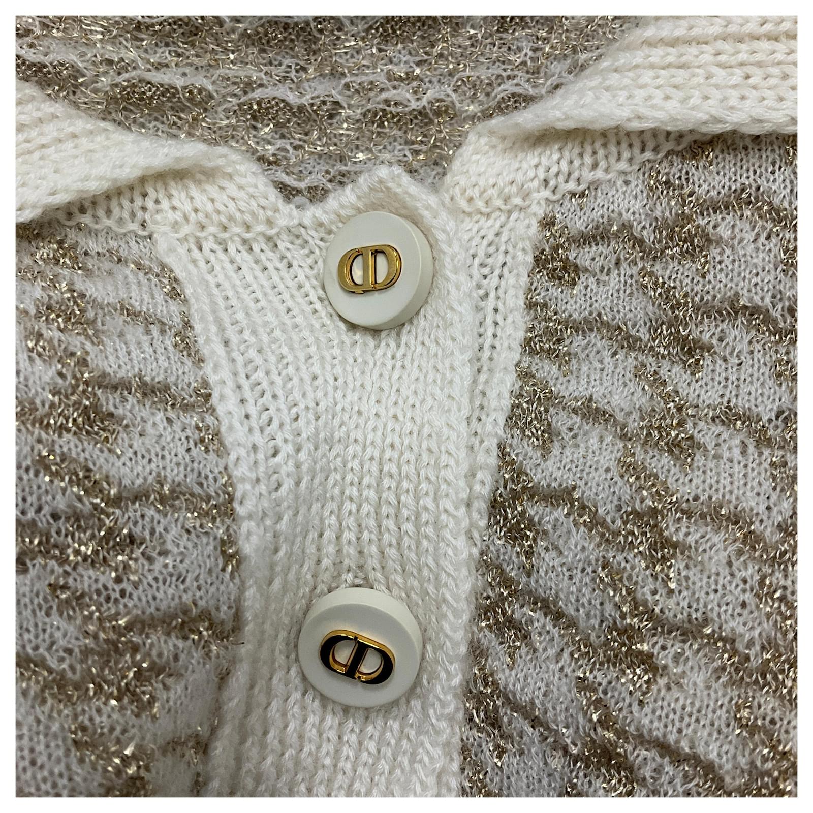 DIOR ニットポロ Christian Dior Ivory / Gold Metallic Short Sleeved Cashmere Knit