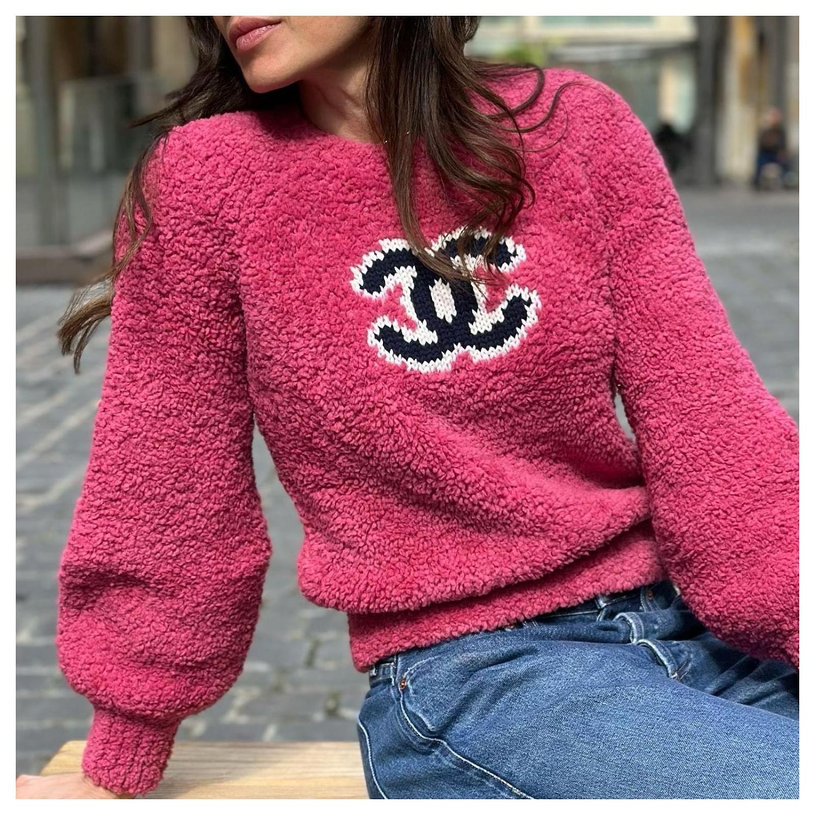 Chanel 19A Pink CC Teddy Sweater Wool Jumper FR 34 Black White ref