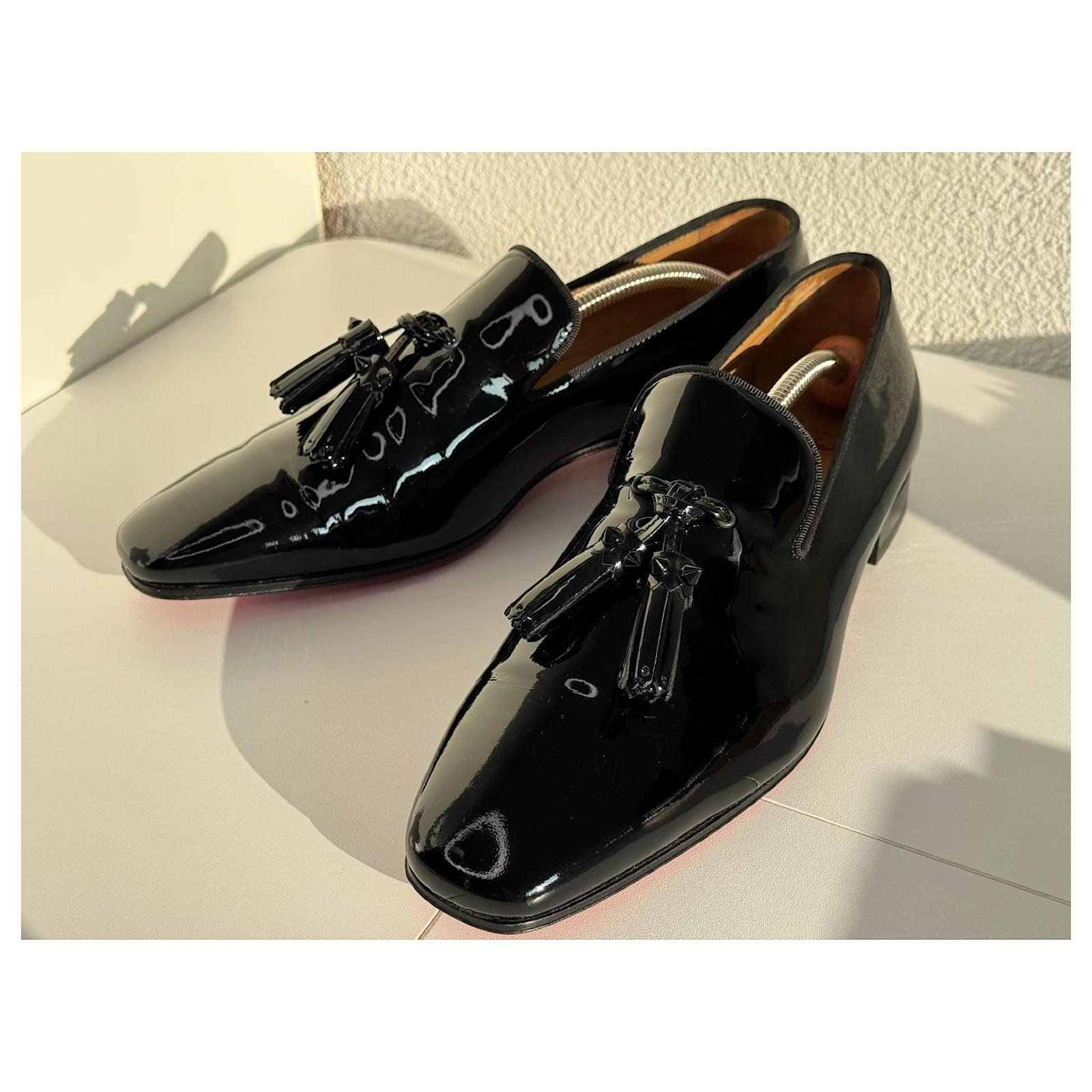 Mens Red Bottoms Christian Louboutin Dress Shoes Christian Louboutin Black  Leather Loafers With Tassels