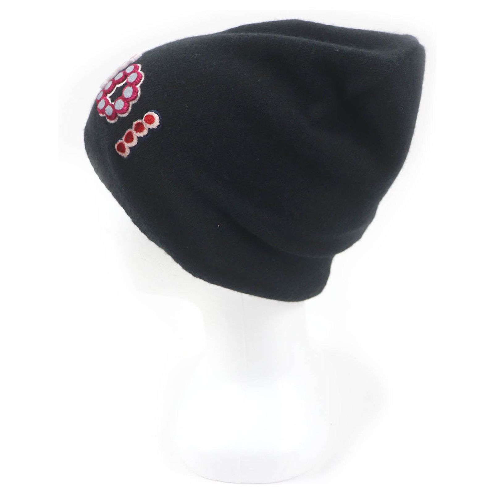 Fendi Wool Cashmere Logo Patch Knit Hat M/L Black ref 