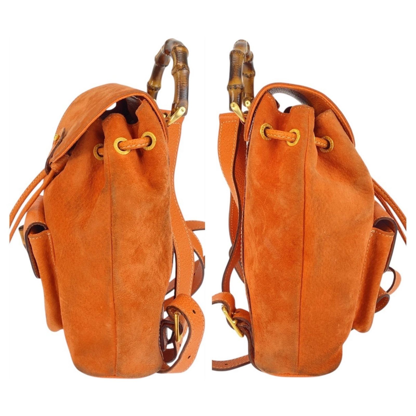 GUCCI Bamboo Backpack Suede Orange Gold Auth 169373 Gucci Bamboo Backpack in Orange Suede and Leather ref  main image 3