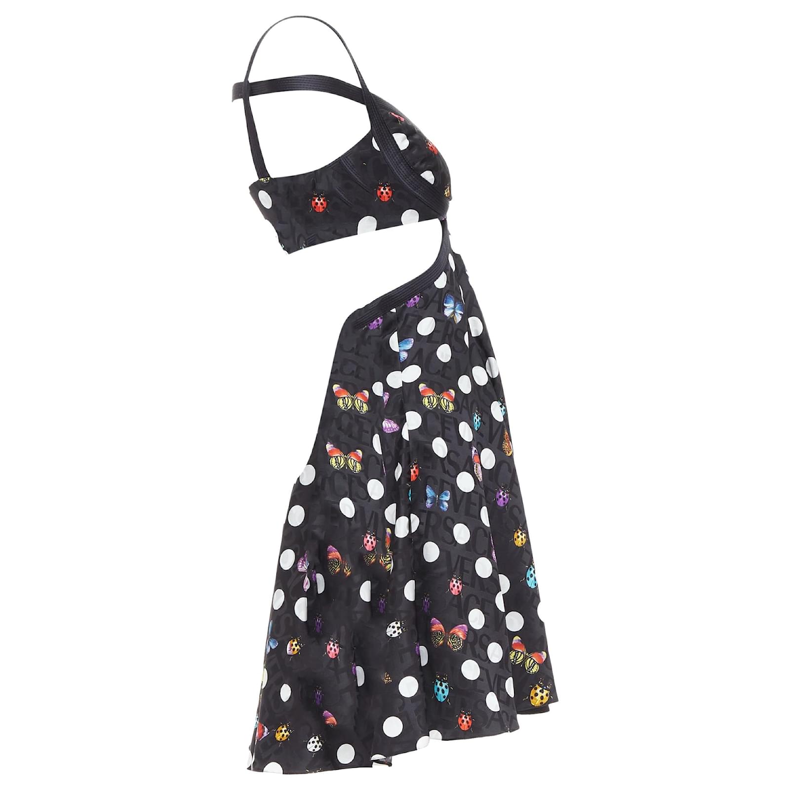 Vestido arnés de mariposa Versace Dua Lipa La Vacanza Runway Negro