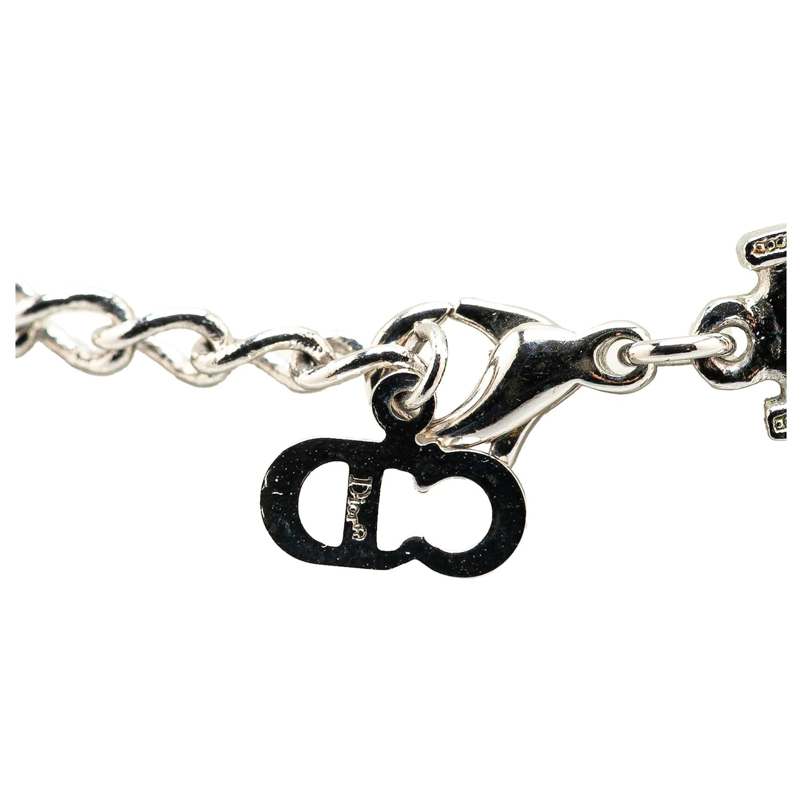 Dior Silver Silver Double Chain Crystal D Logo Pendant