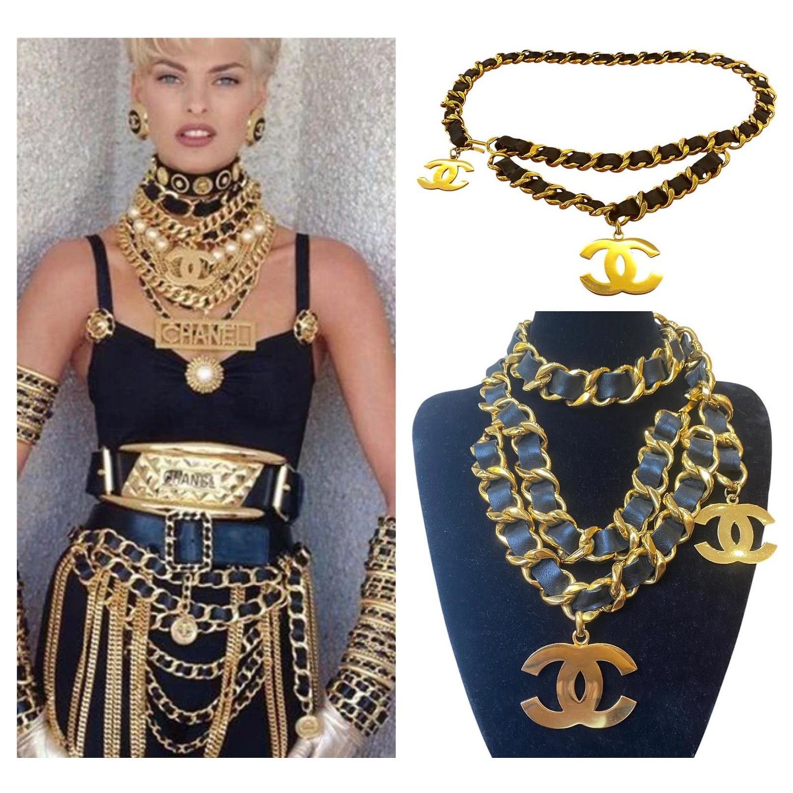 CHANEL ICONIC MASSIVE CC BELT LEATHER VINTAGE CHAIN CHARM NECKLACE LOGO 33” INCH Chanel Vintage Black Leather And Triple Gold Metal Chain  main image 2