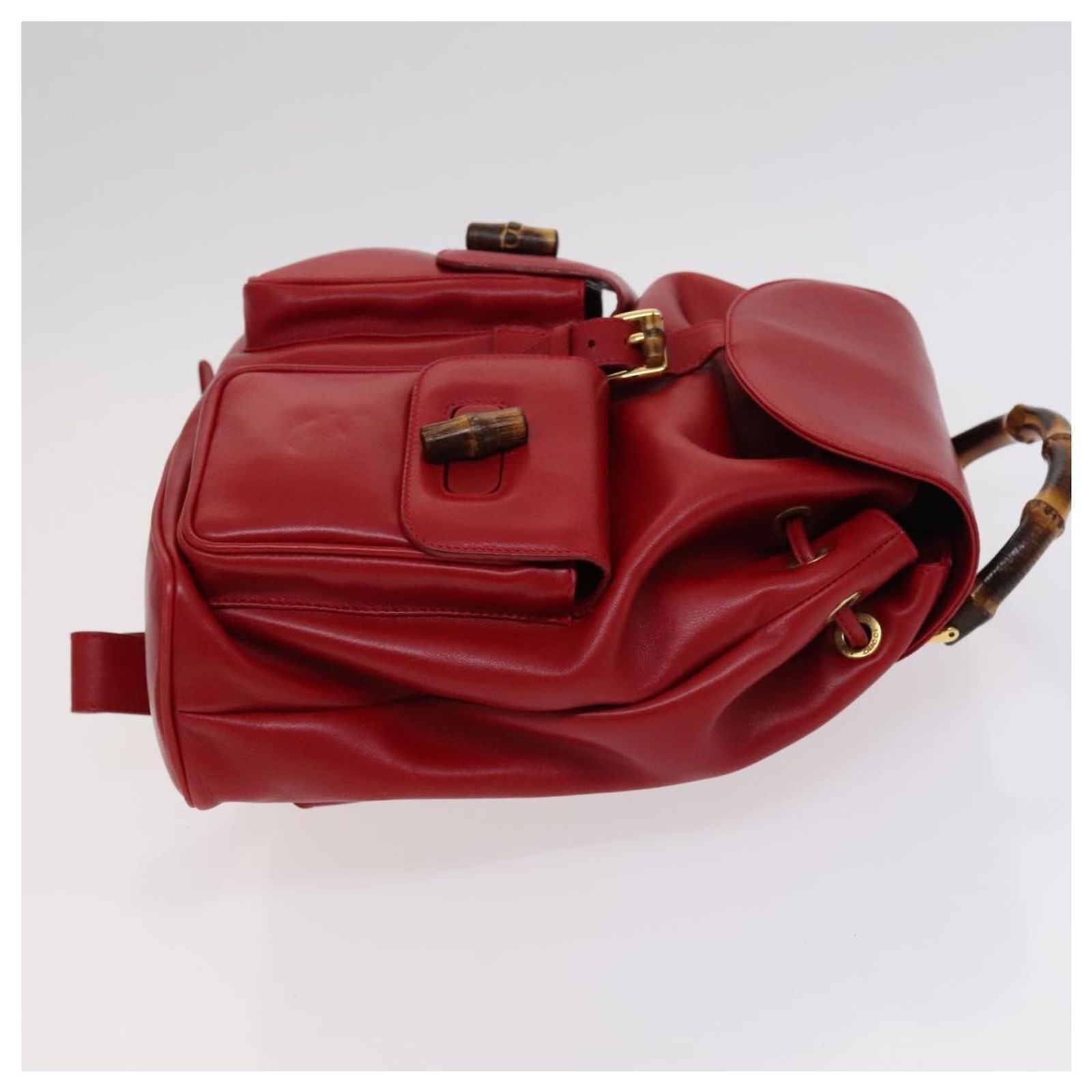 GUCCI Bamboo Backpack Leather Red Gold 003 2058 0016 Auth 