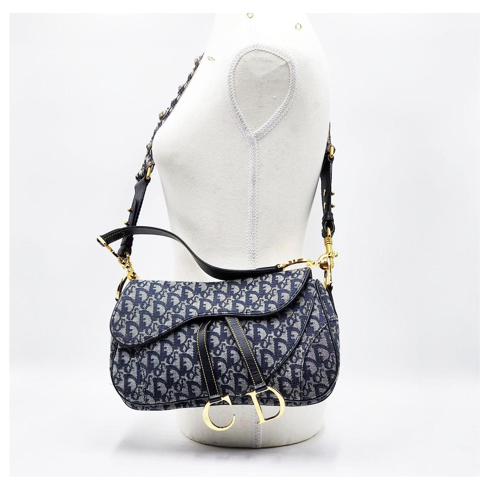 Christian Dior Vintage Trotter Double Saddle Bag Navy blue Cloth 