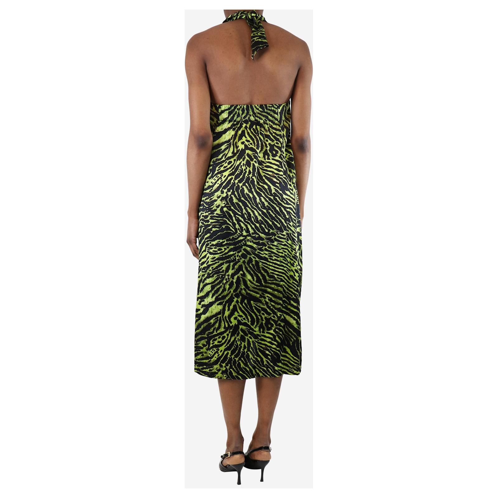 ganni green zebra dress Zebra-print silk-blend midi dress in green - Ganni