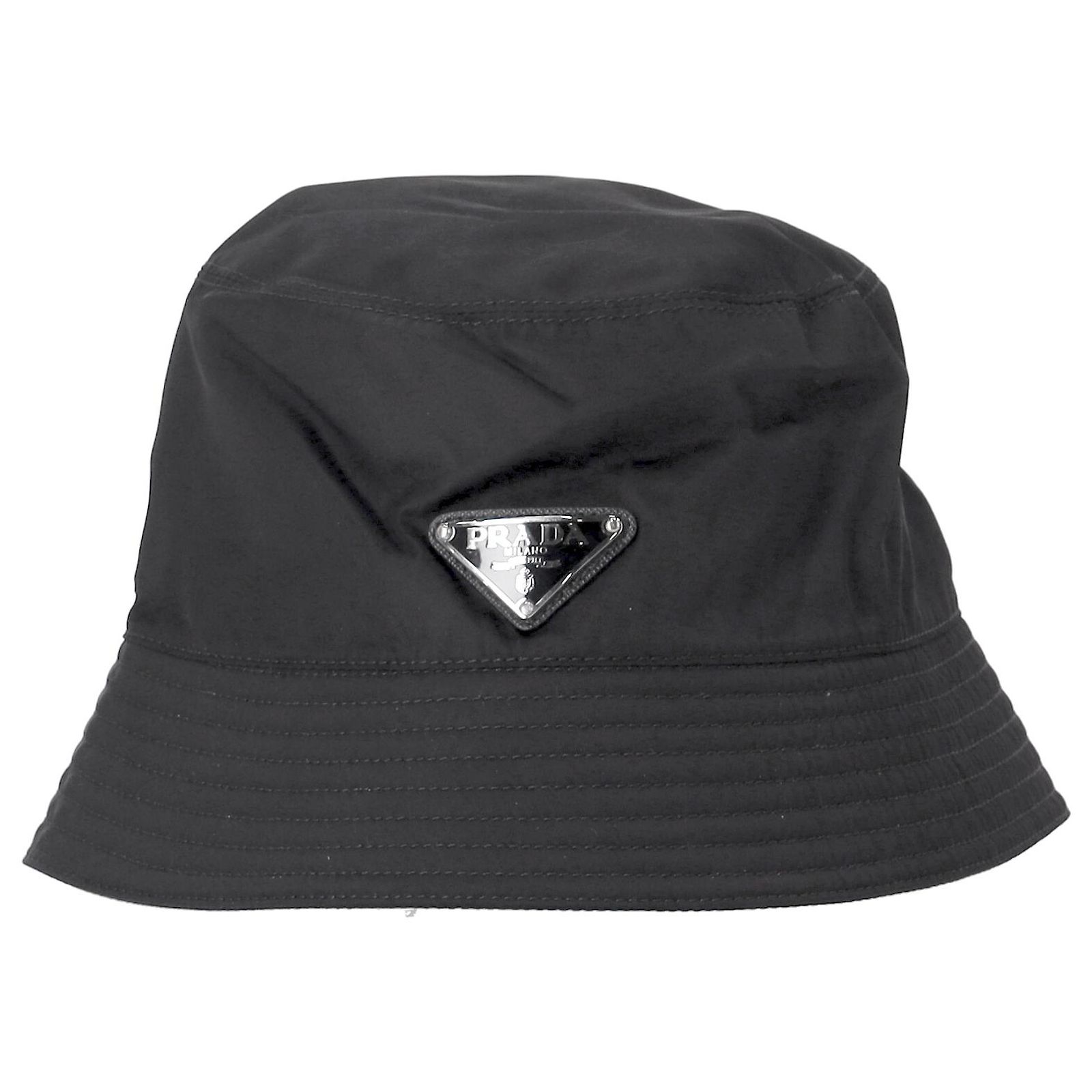 Prada Black Nylon Logo Bucket Hat with Metal Plaque Prada Re-Nylon Metal Triangle Logo Padded Bucket Hat M Black  main image 3
