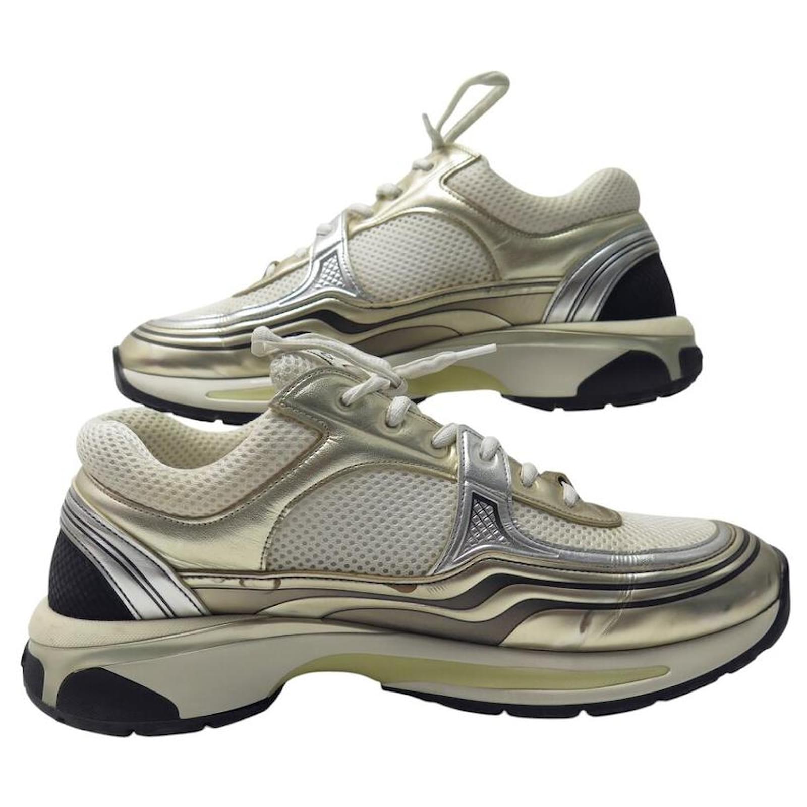 CHANEL G39794 CC LOGO SNEAKERS 43 WHITE CANVAS GOLD LEATHER ref