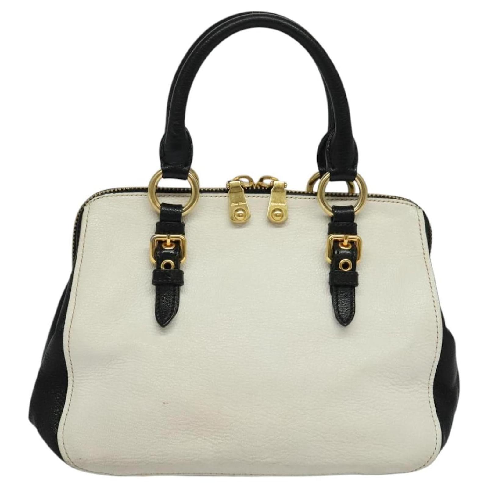 Miu Miu Hand Bag Leather 2way White Gold black Auth ep8371 Golden