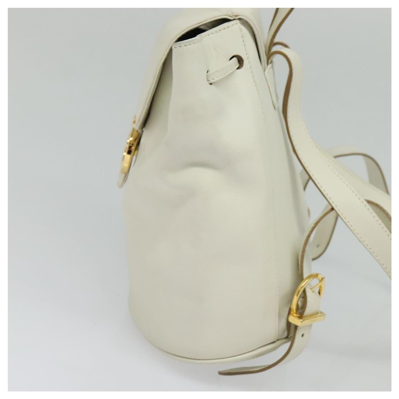 Salvatore Ferragamo Gancini Backpack Leather White Gold Auth 