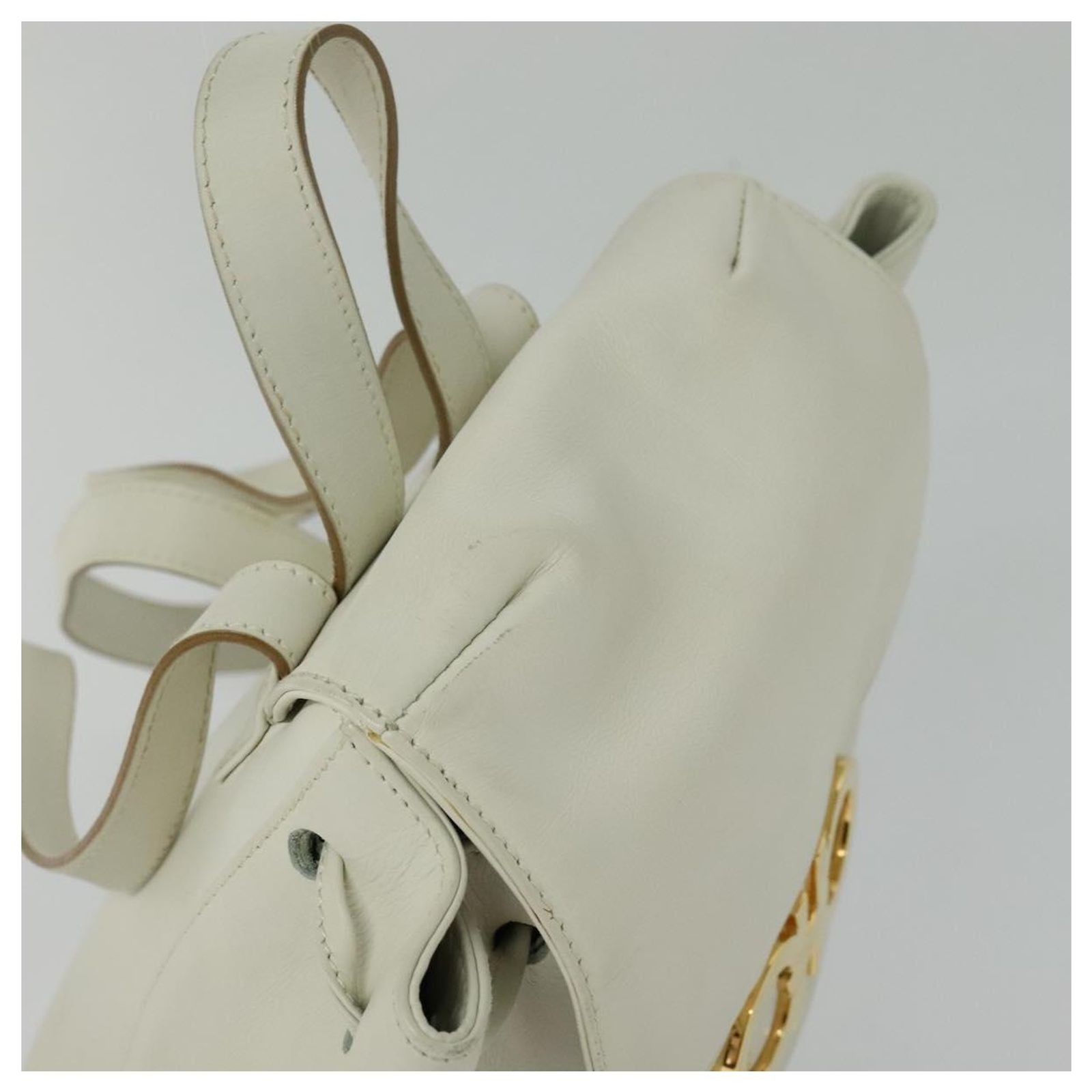 Salvatore Ferragamo Gancini Backpack Canvas Beige Gold Auth BA10432 Salvatore Ferragamo Gancini Backpack Leather White Gold Auth  main image 4