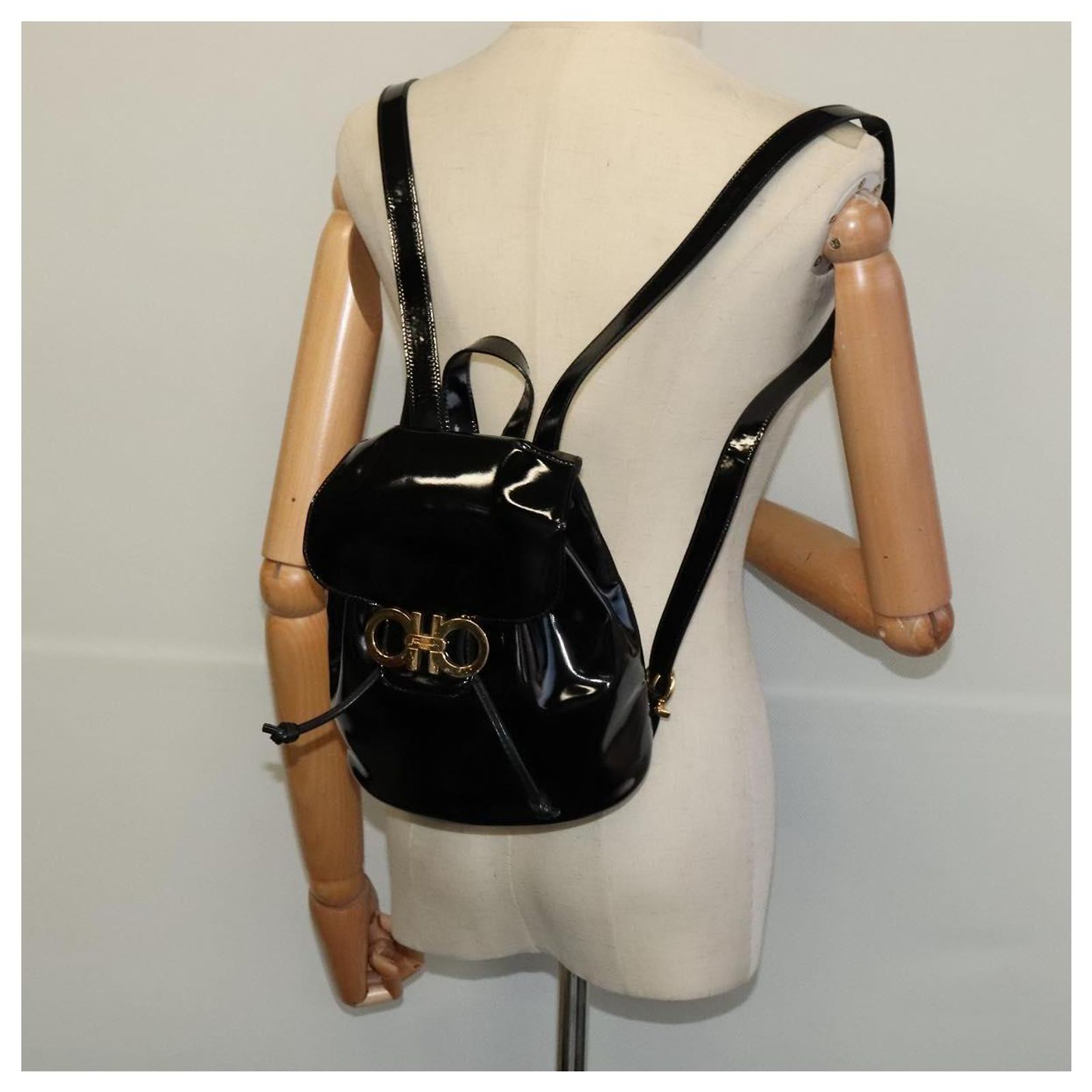 Salvatore Ferragamo Gancini Backpack Enamel Black Silver 