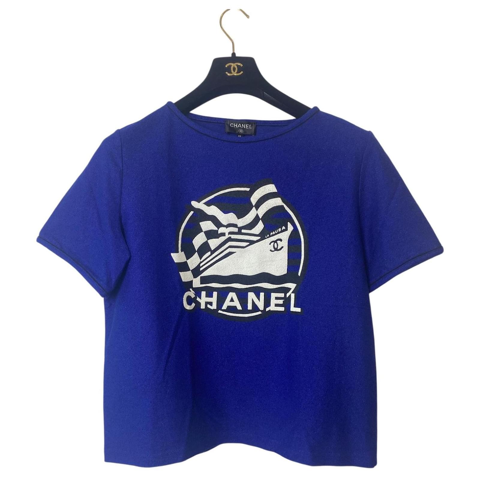 Chanel 19C La Pausa Runway Blue Blouse Top Shirt FR 42 Black White