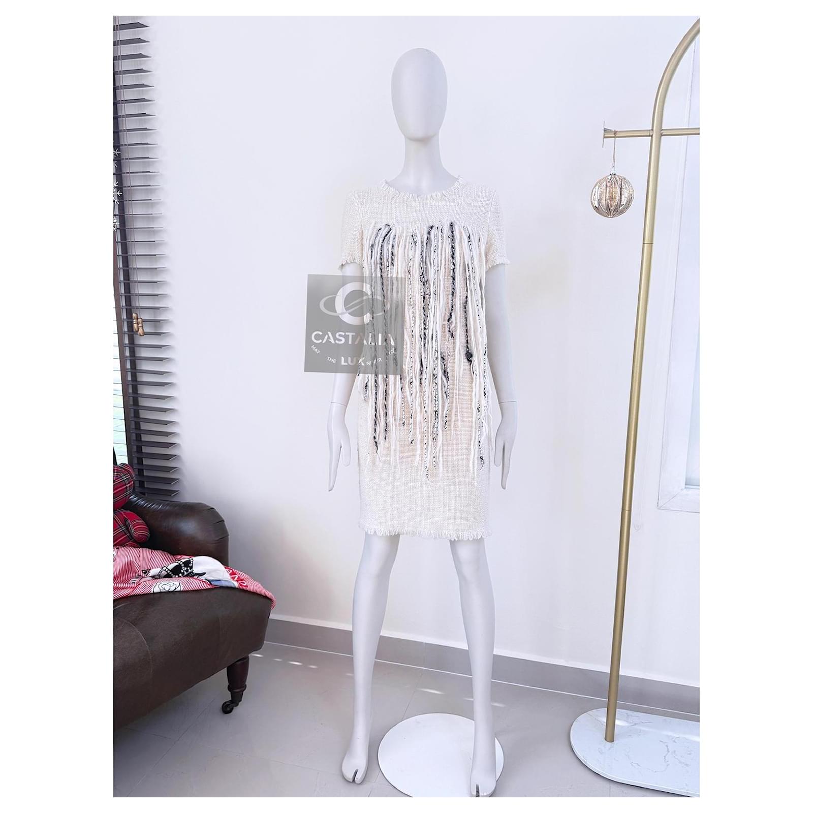 Chanel Arctic Ice Collection Iconic Fringe Tweed Dress Cream