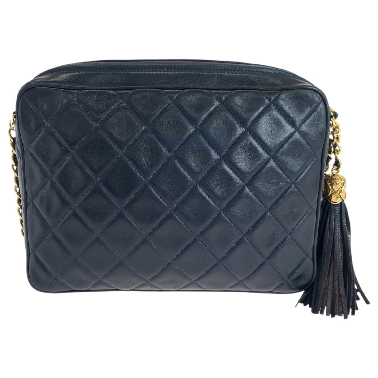 Chanel Vintage Matelasse Coco Mark Fringe Shoulder Bag Navy blue 