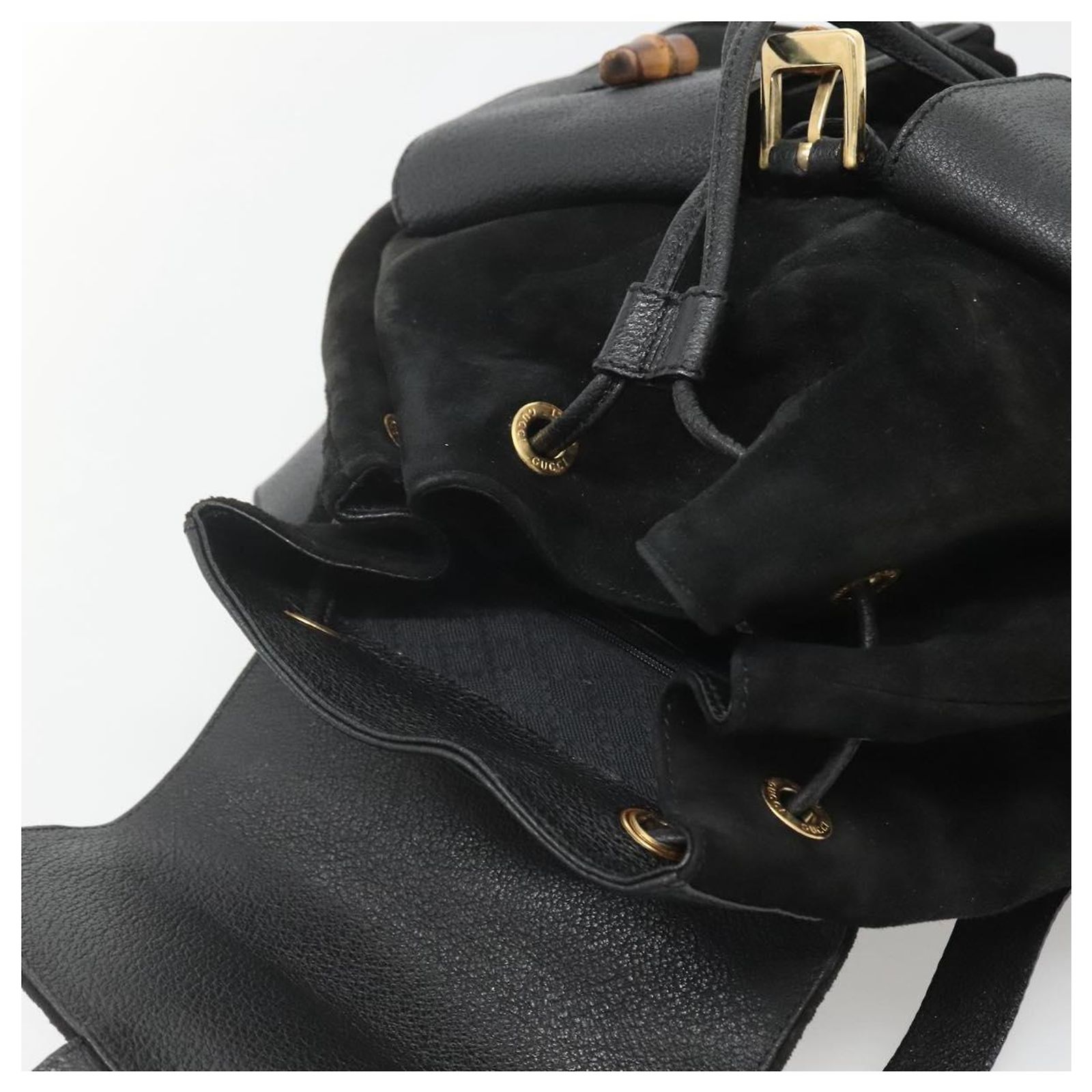 GUCCI Bamboo Backpack Suede Black Gold Auth 120117 GUCCI Bamboo Backpack Suede Leather Black Gold 003 1705 0030  main image 4