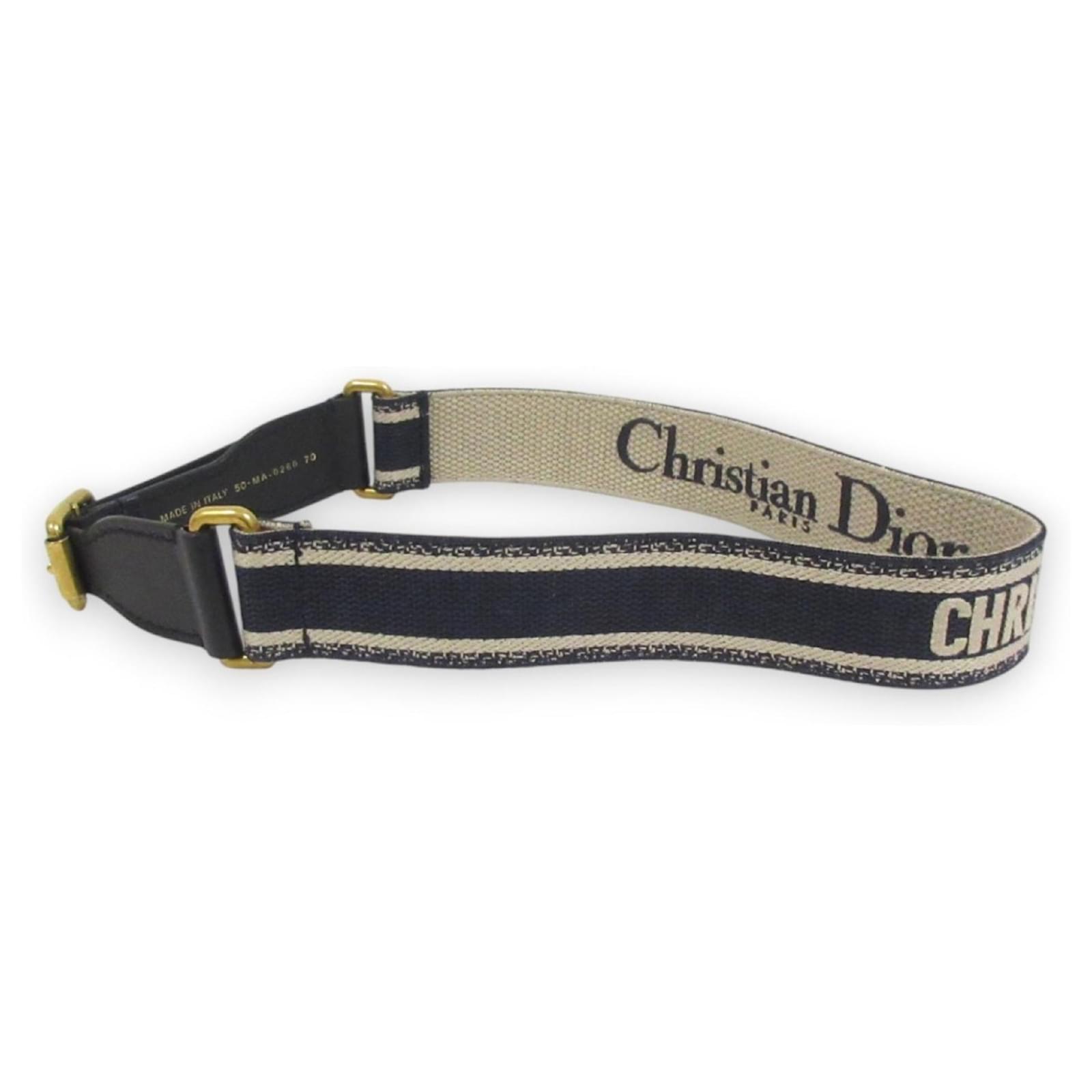 Christian Dior CD Logo Embroidered Canvas Leather Belt Black Beige