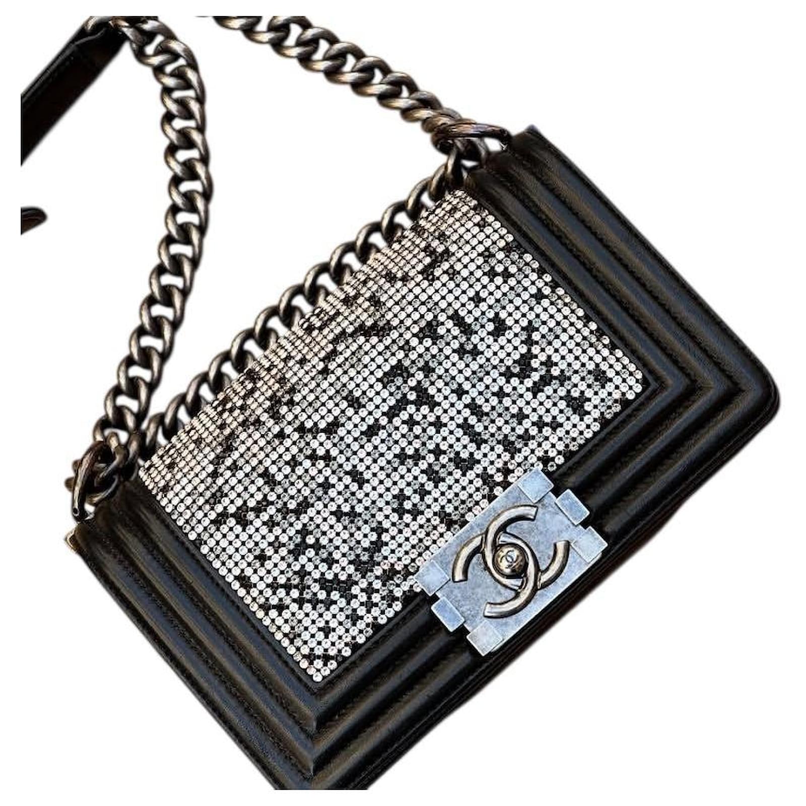 Chanel 14P Limited Edition Swarovski Crystals Strass Small Black Leather  Boy Handbag