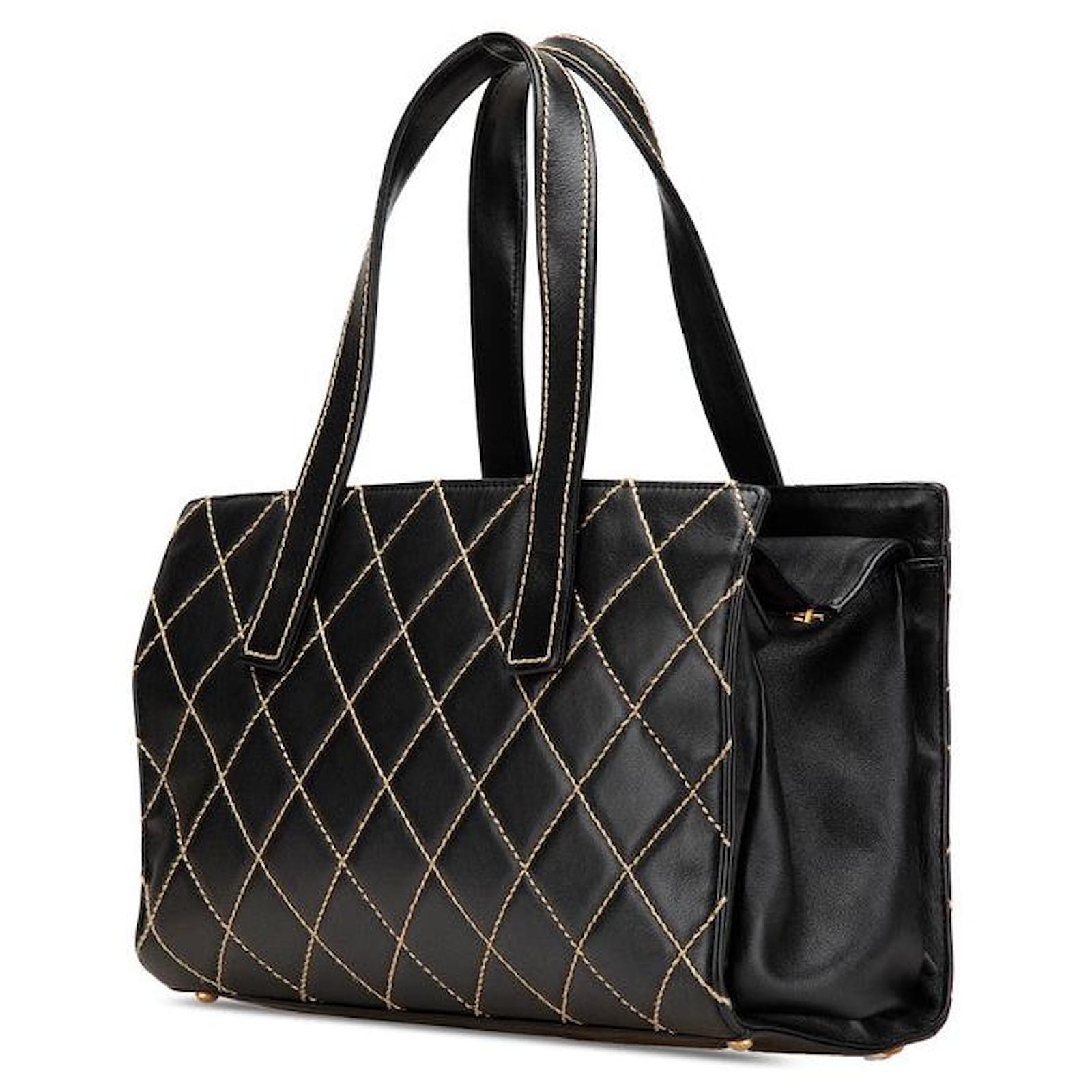 Chanel Coco Mark Wild Stitch Lambskin Tote Bag Black Leather