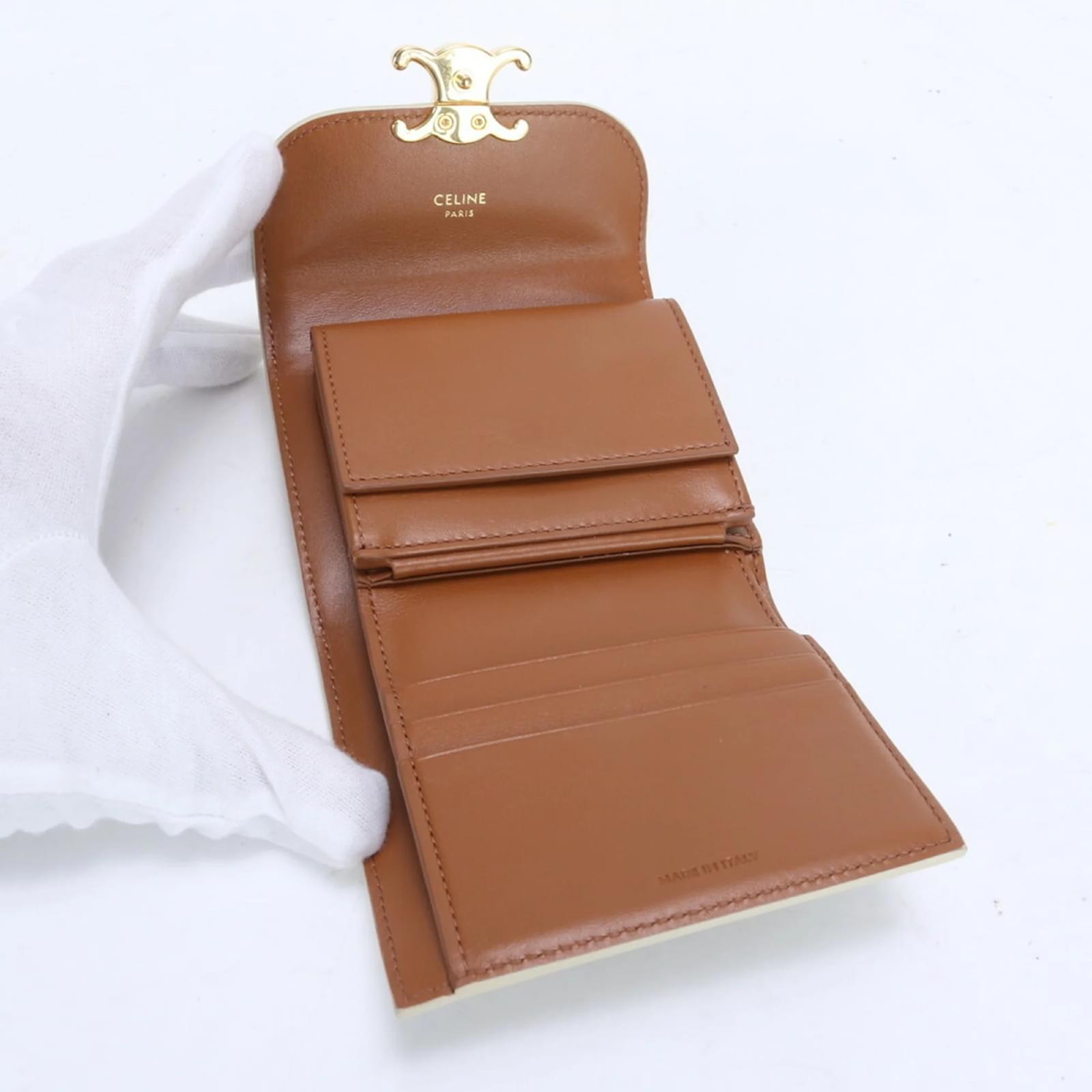 Céline Celine Small Flap Wallet Beige Leather Cloth