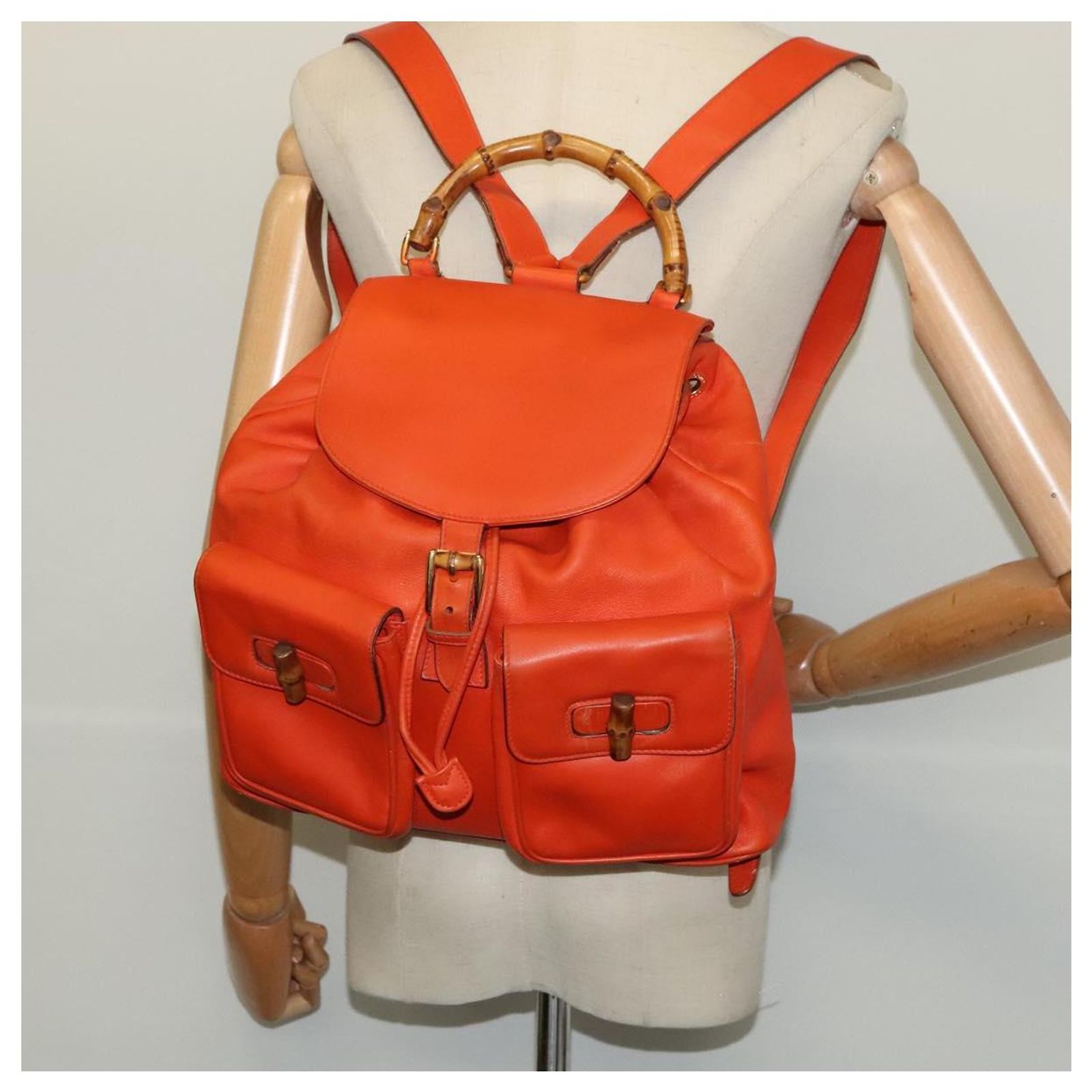 GUCCI Bamboo Backpack Leather Orange Gold 003 2058 0016 Auth 