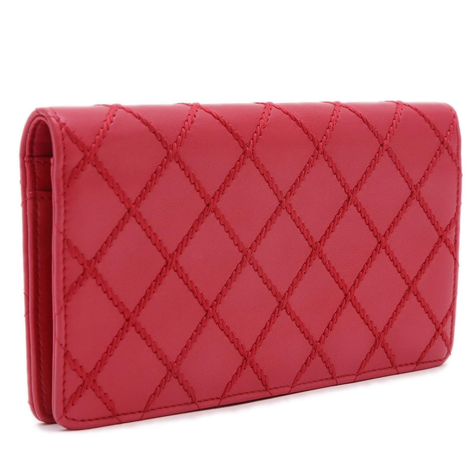 Chanel Coco Mark Wild Stitch Long Wallet Red Leather