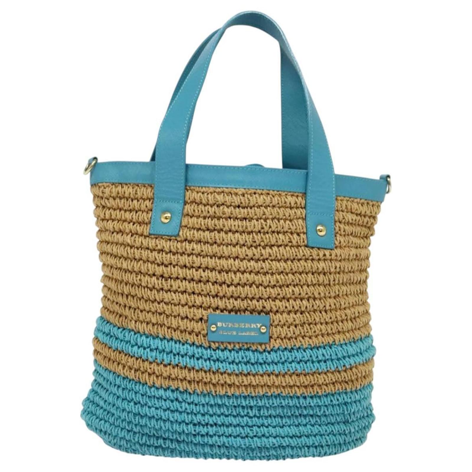 BURBERRY Blue Label Hand Bag Straw 2way Blue Gold Auth 120707