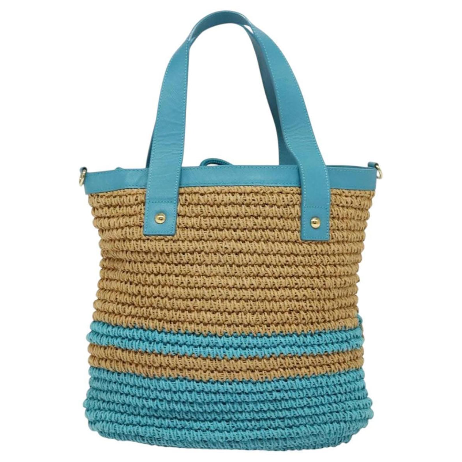 BURBERRY Blue Label Hand Bag Straw 2way Blue Gold Auth 120707