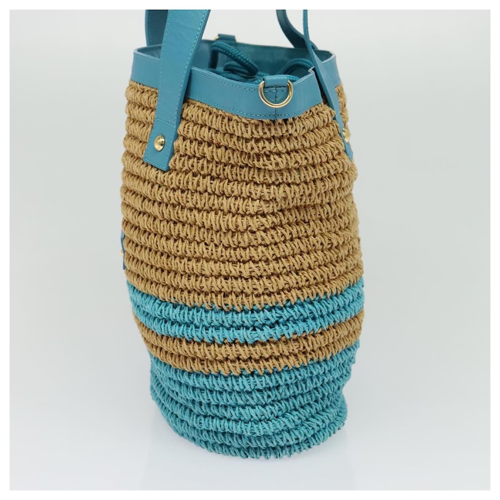 BURBERRY Blue Label Hand Bag Straw 2way Blue Gold Auth 120707