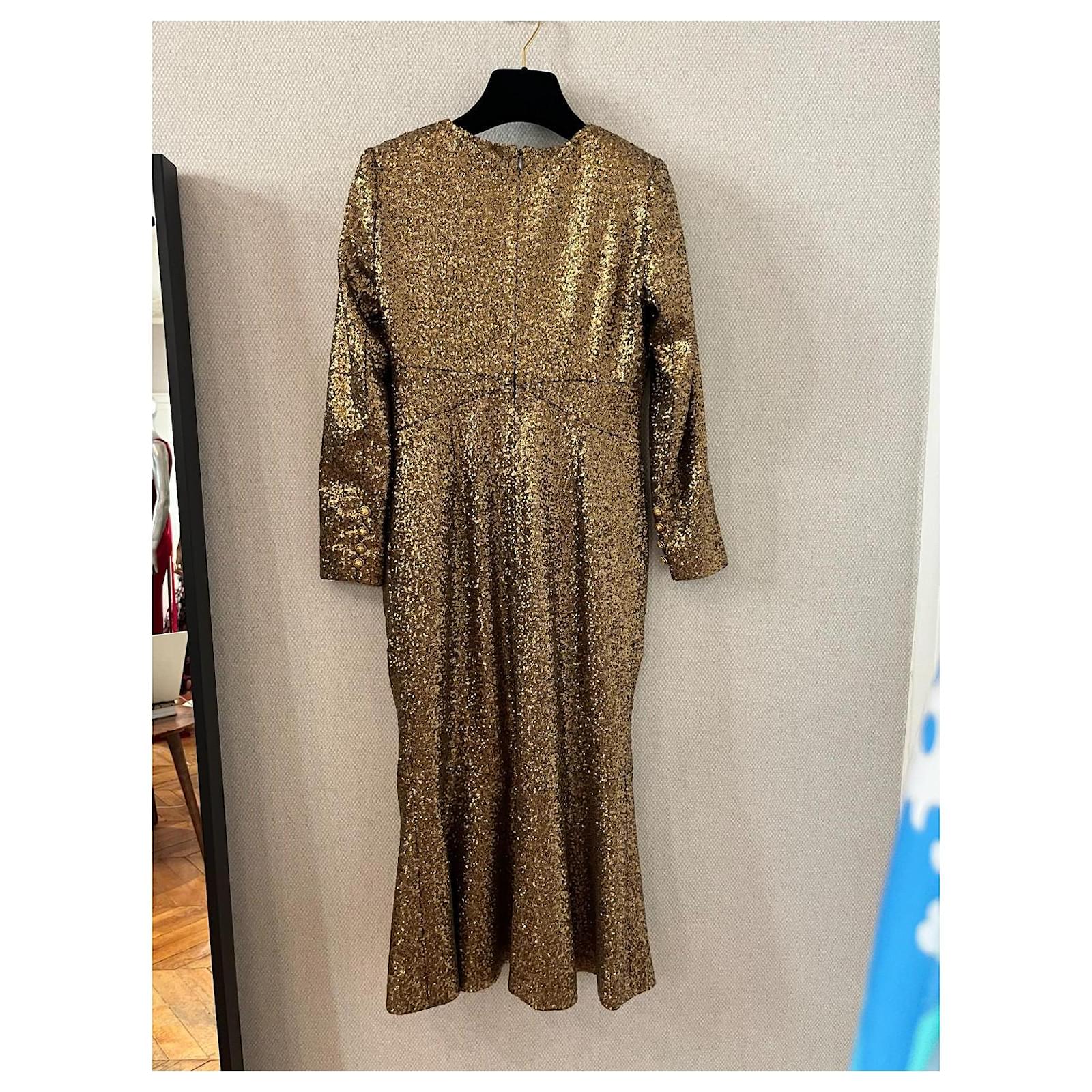 chanel gold dress New Chanel Gold Metallic Fantasy Tweed Fringe Dress With Crystal Details 42