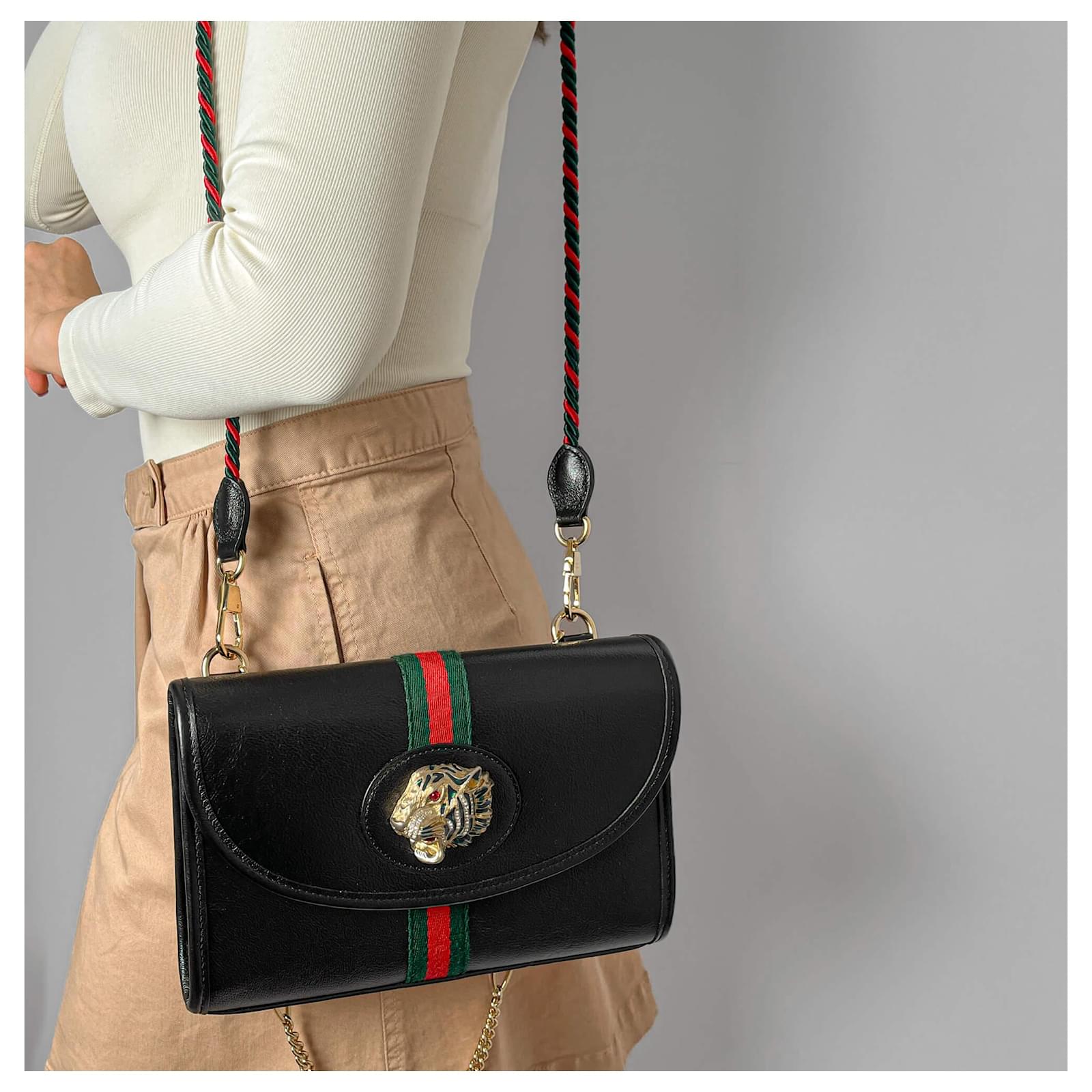 Gucci Rajah Small Striped Leather 2-Ways Flap Shoulder Bag Black