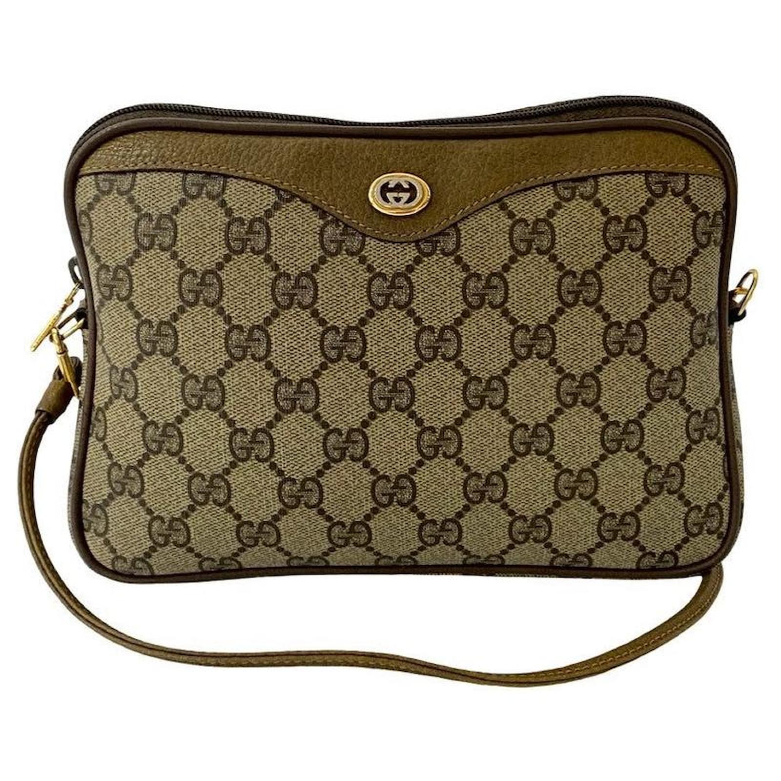 バッグ OLD GUCCI LOGO LEATHER SHOULDER BAG Gucci Vintage Beige and Brown Leather Logo Front Crossbody