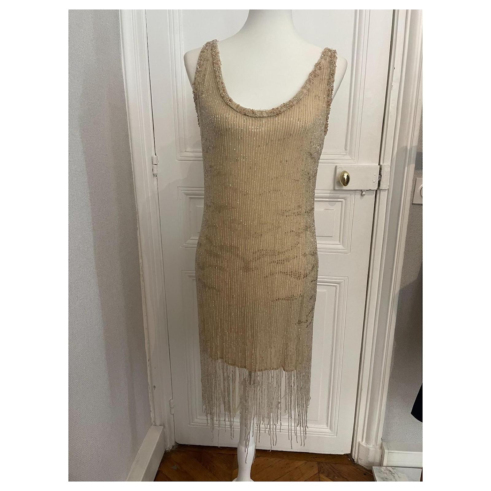 Roberto Cavalli Gold Charleston Dress Beige Silk Polyamide ref.2238527 -  Joli Closet