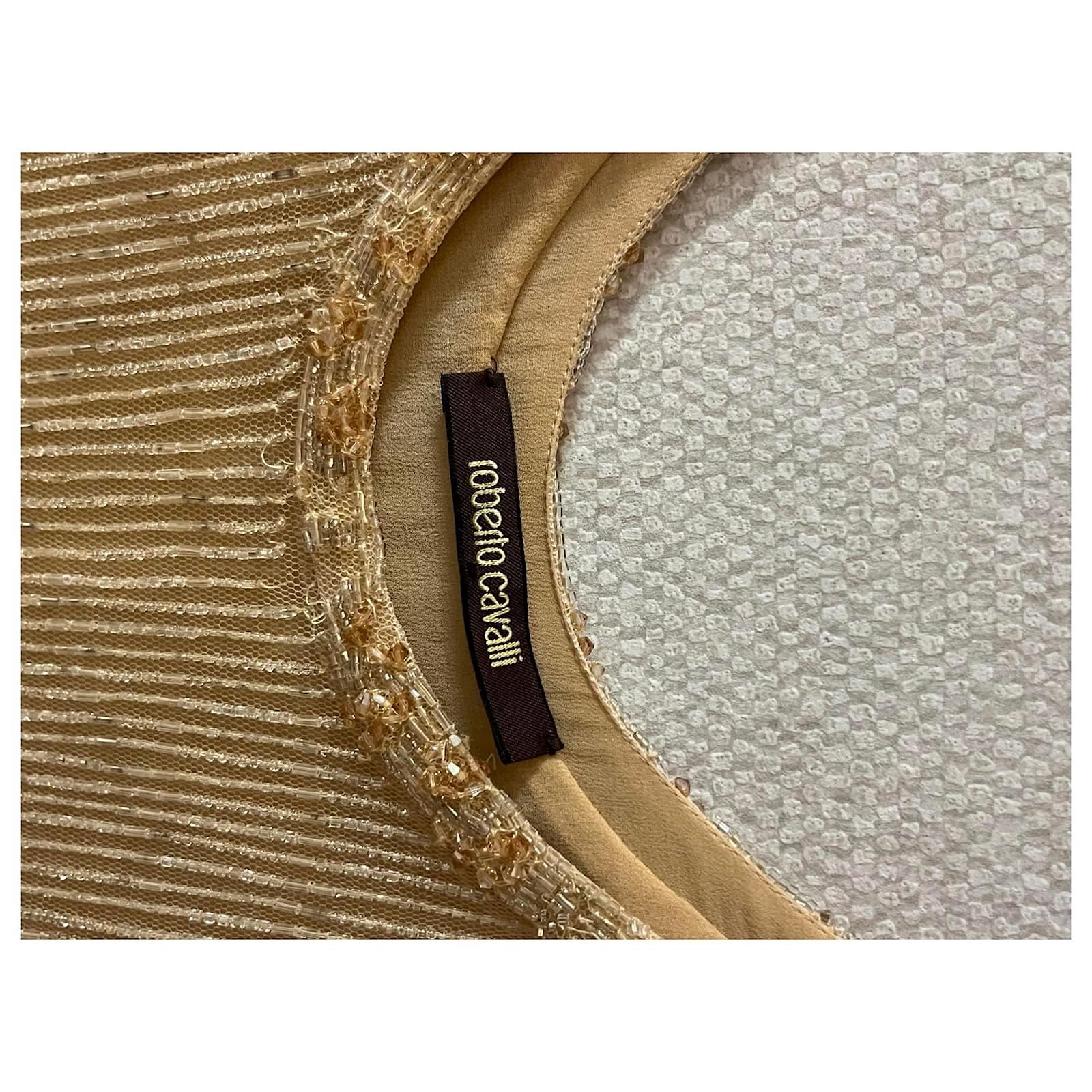 Roberto Cavalli Gold Charleston Dress Beige Silk Polyamide ref.2238527 -  Joli Closet