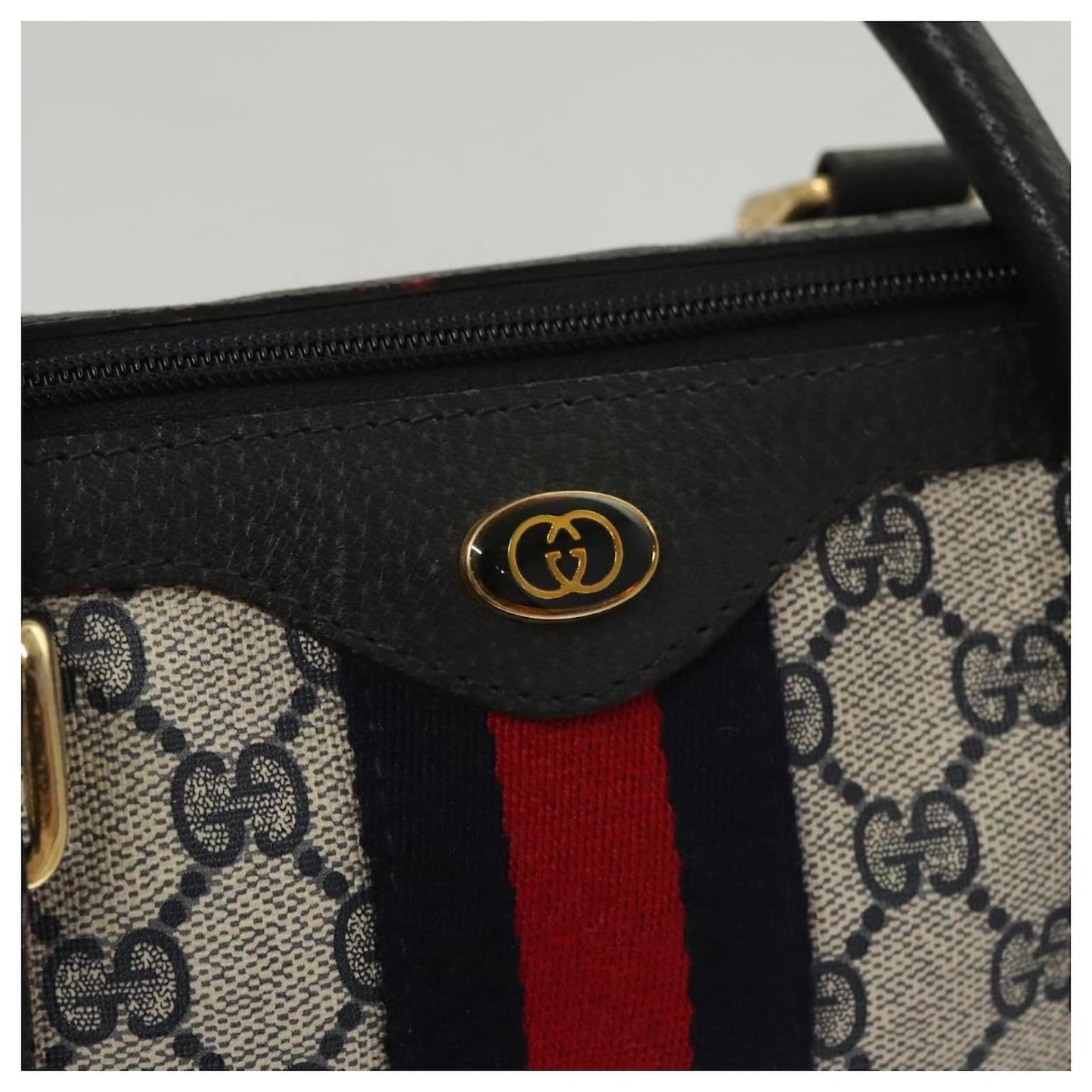 GUCCI GG Supreme Sherry Line Hand Bag PVC Navy Gold Red 378 012