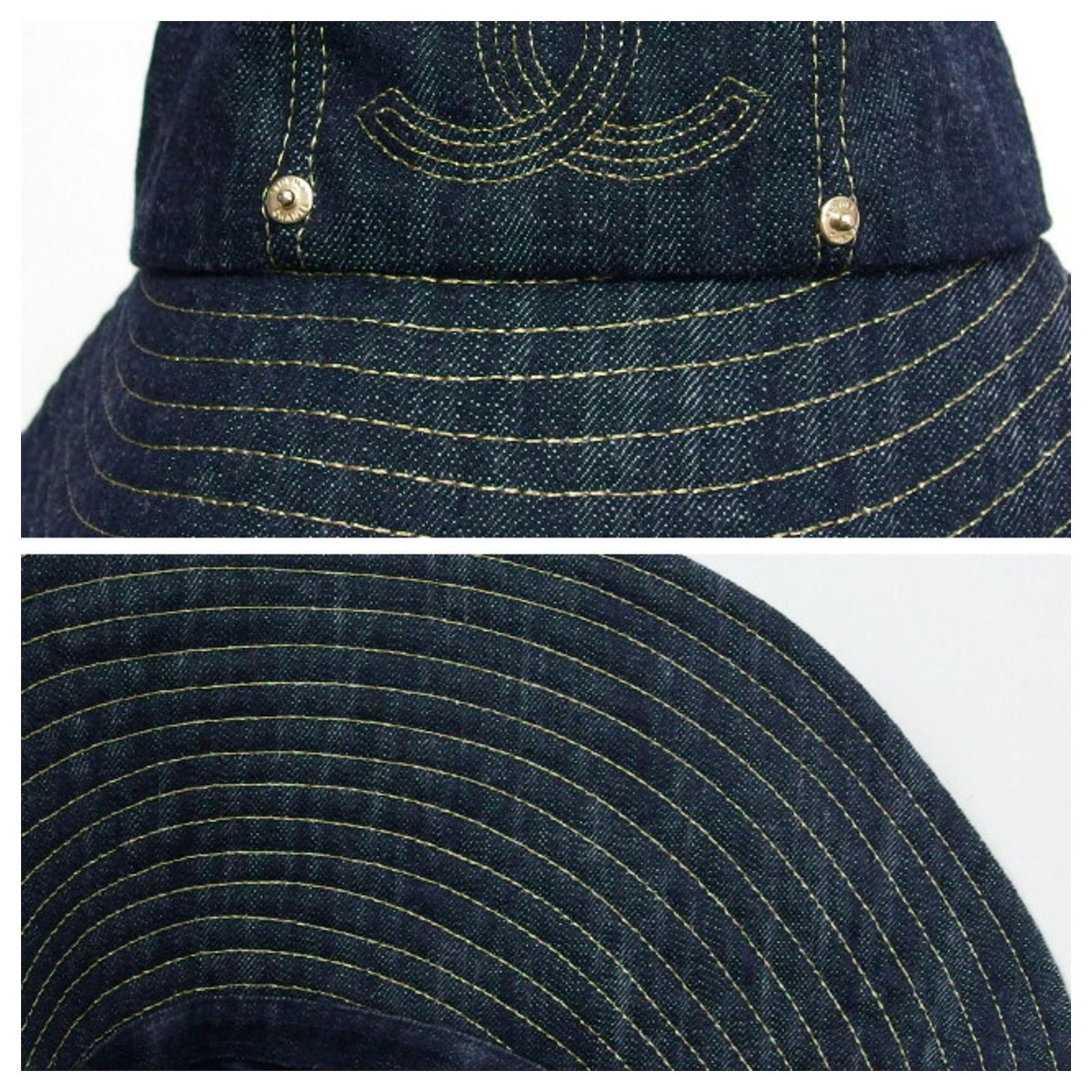Authentic Chanel Denim Bucket Hat w/sparkling gold stitching, Navy denim blue Brand New 22S Chanel Bucket Denim blue Cotton Hat Size L  main image 3