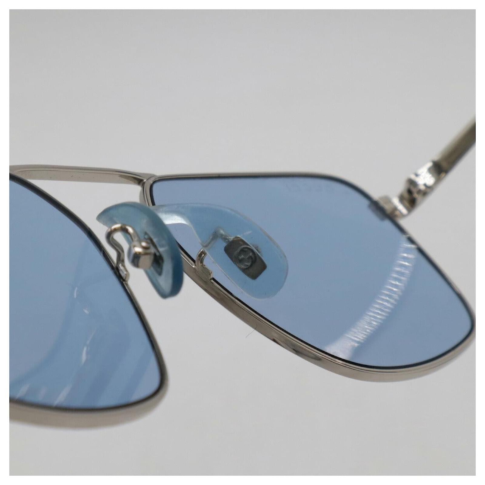 Gucci Teardrop Sunglasses Blue Lens Silvery Metallic Silver Metal