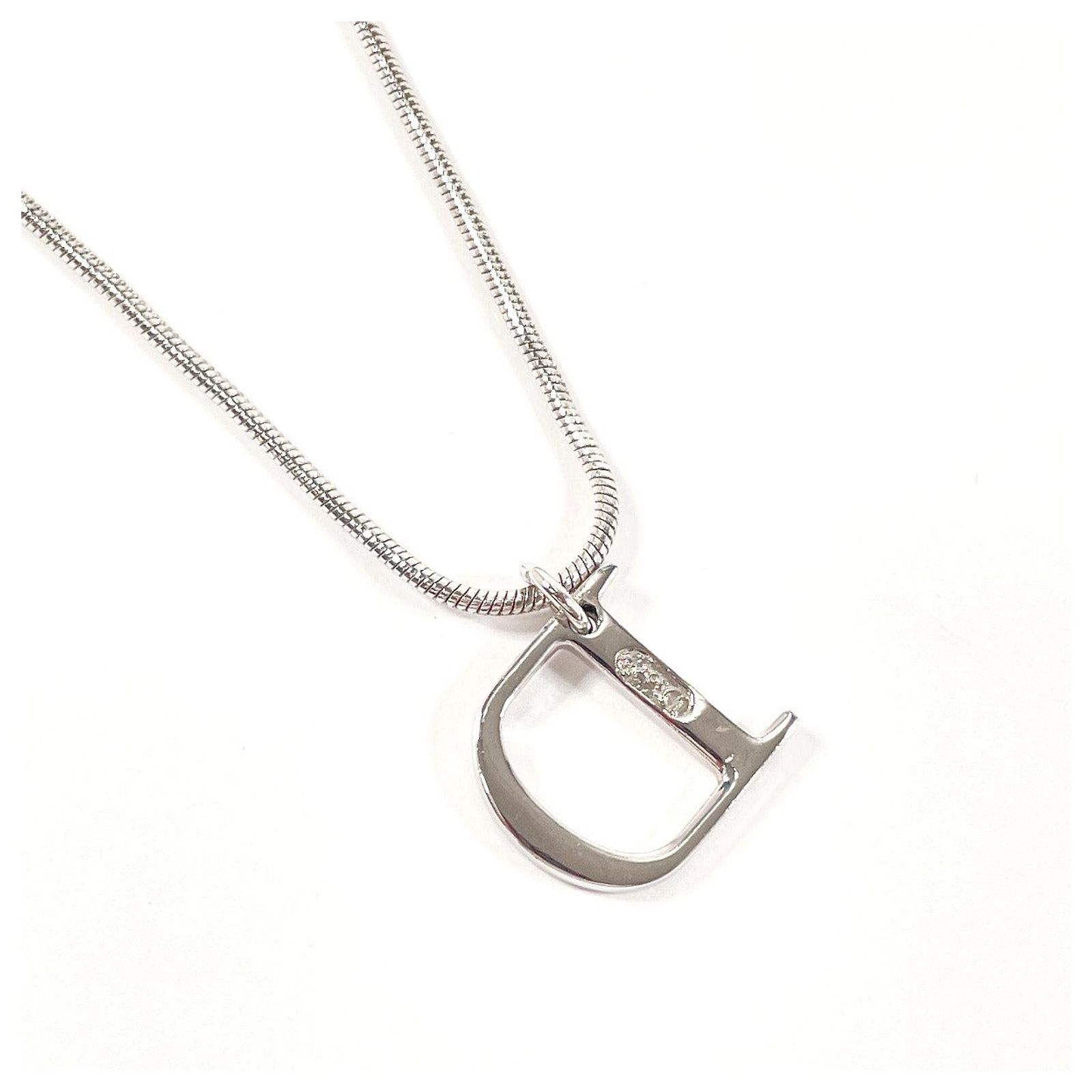 Christian Dior Dior D Logo Necklace Metal Rhinestone Silvery 