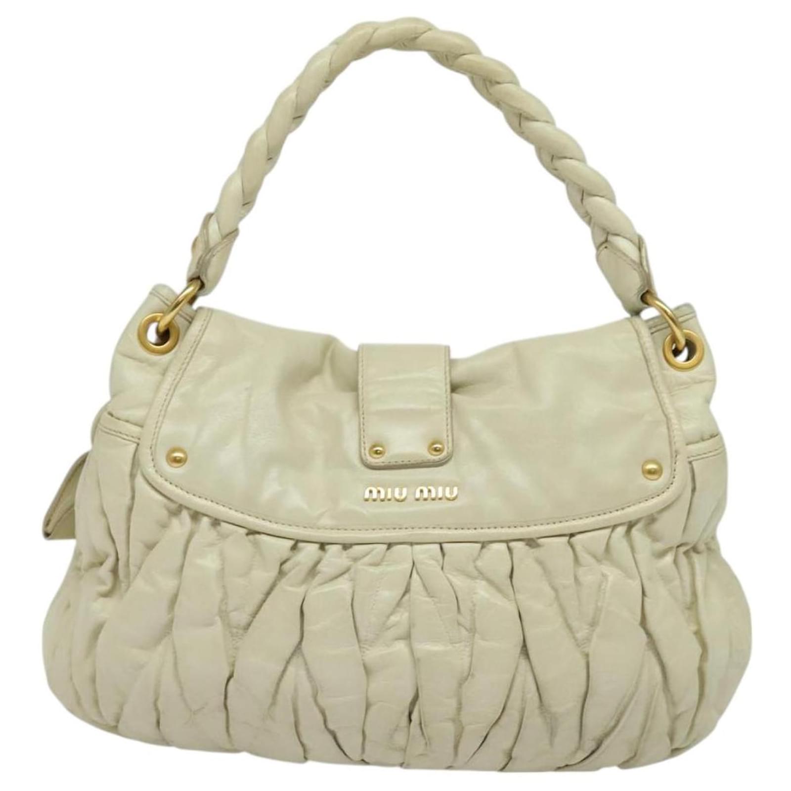 Miu Miu Matelasse Shoulder Bag Leather 2way Ivory Gold Auth 121688