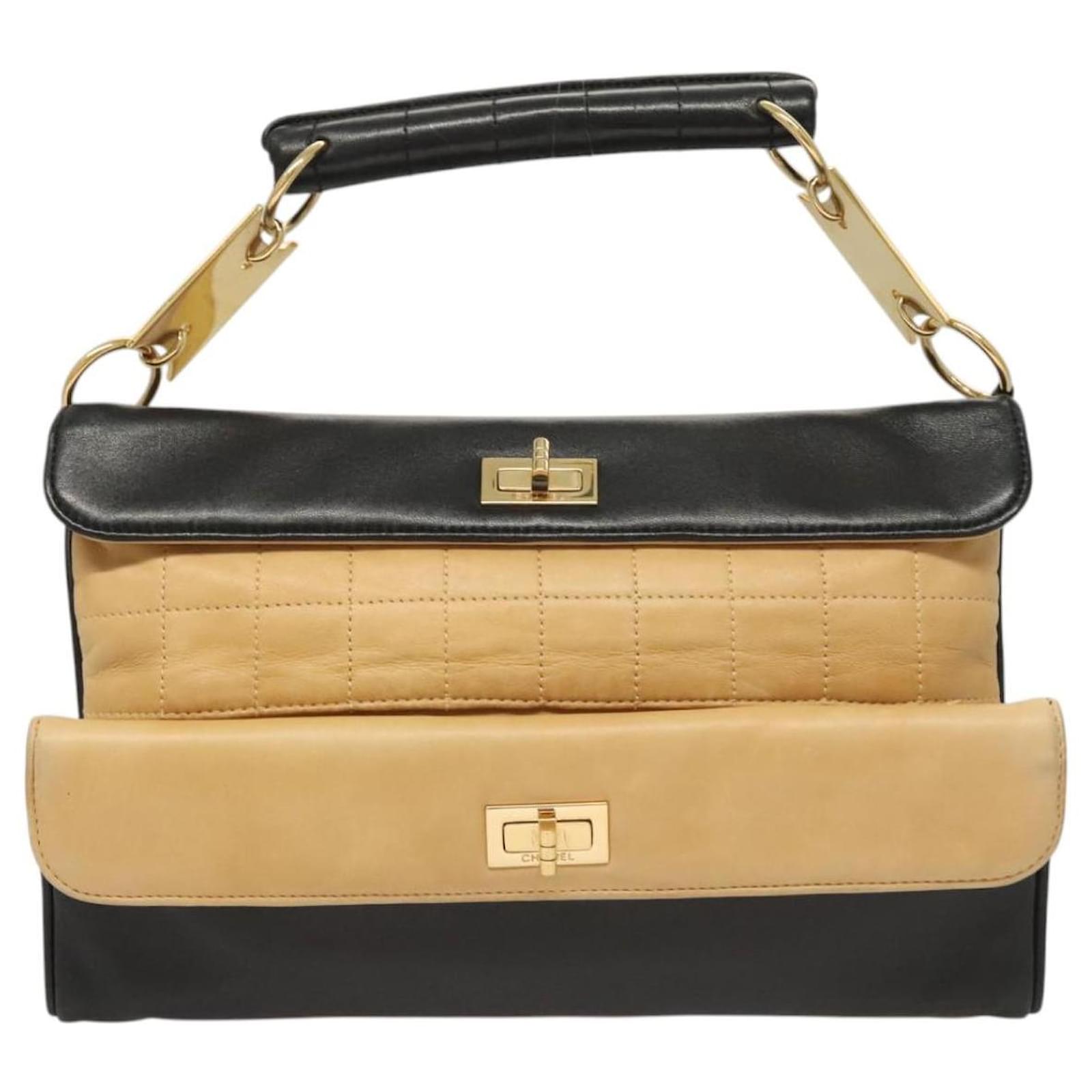 CHANEL Choco Bar Hand Bag Lamb Skin Beige Black CC Auth 123516 ref