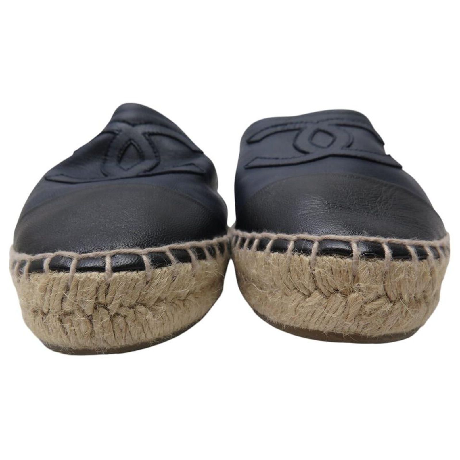 CHANEL ESPADRILLES LOGO CC G29762 37 BLUE LEATHER FLAT BLACK SHOES