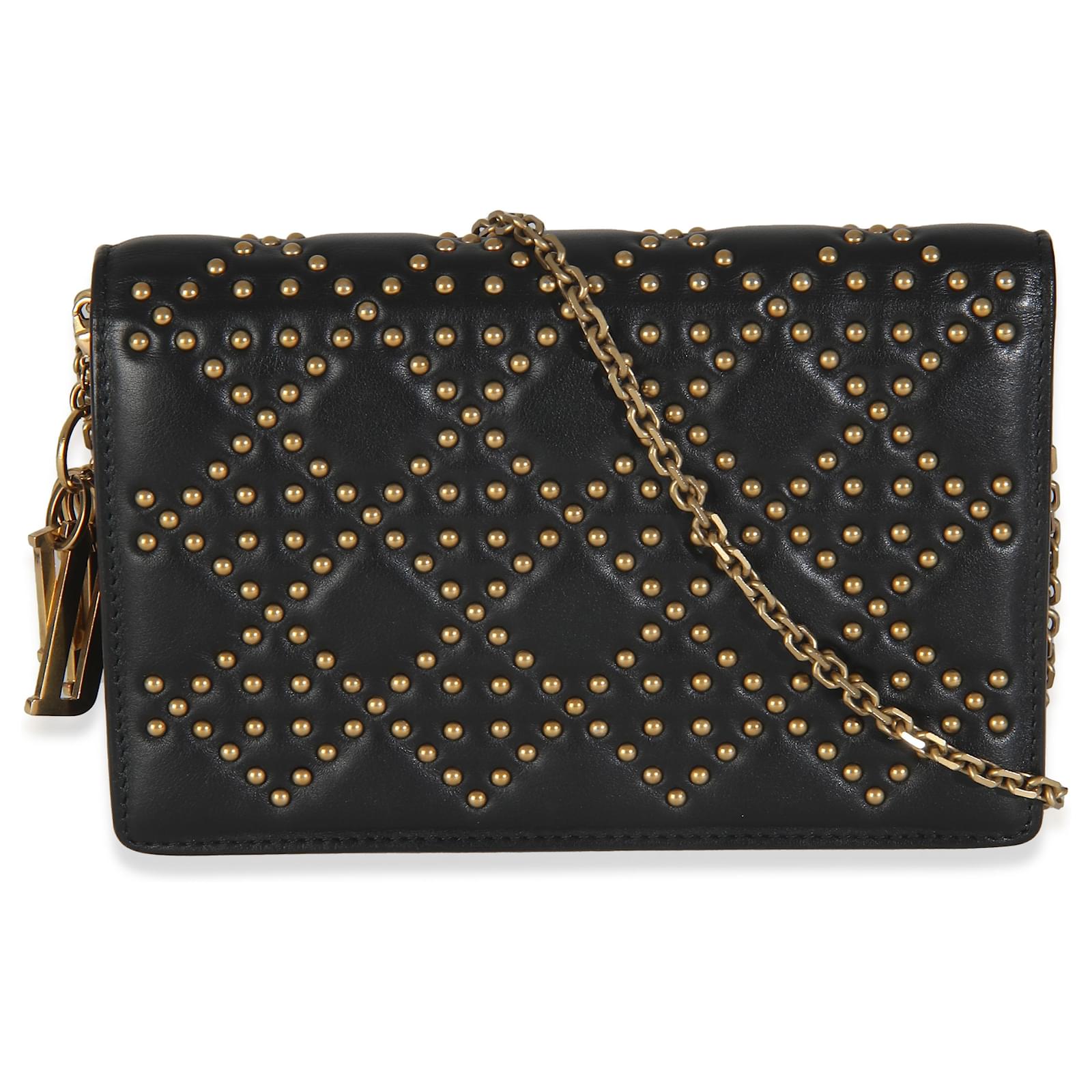 Christian Dior Black Studded Lady Dior Wallet On Chain